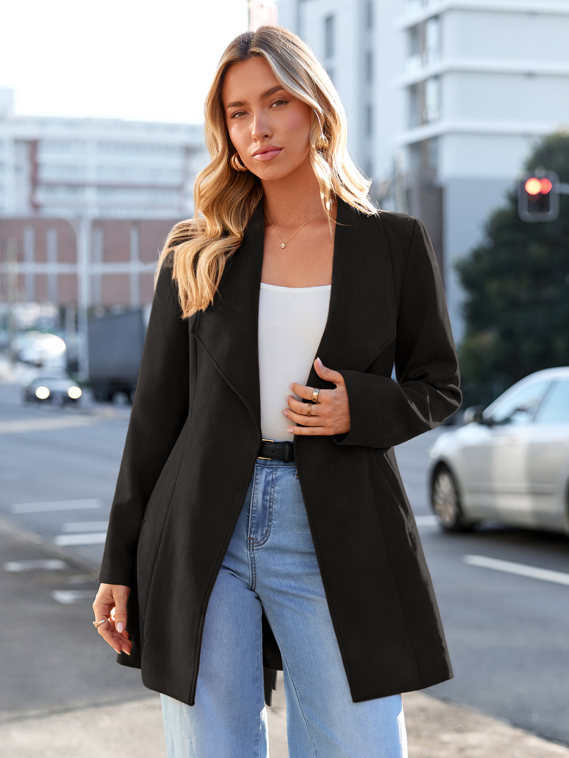 Faux Suede Open-Front Belted Trench Coat
