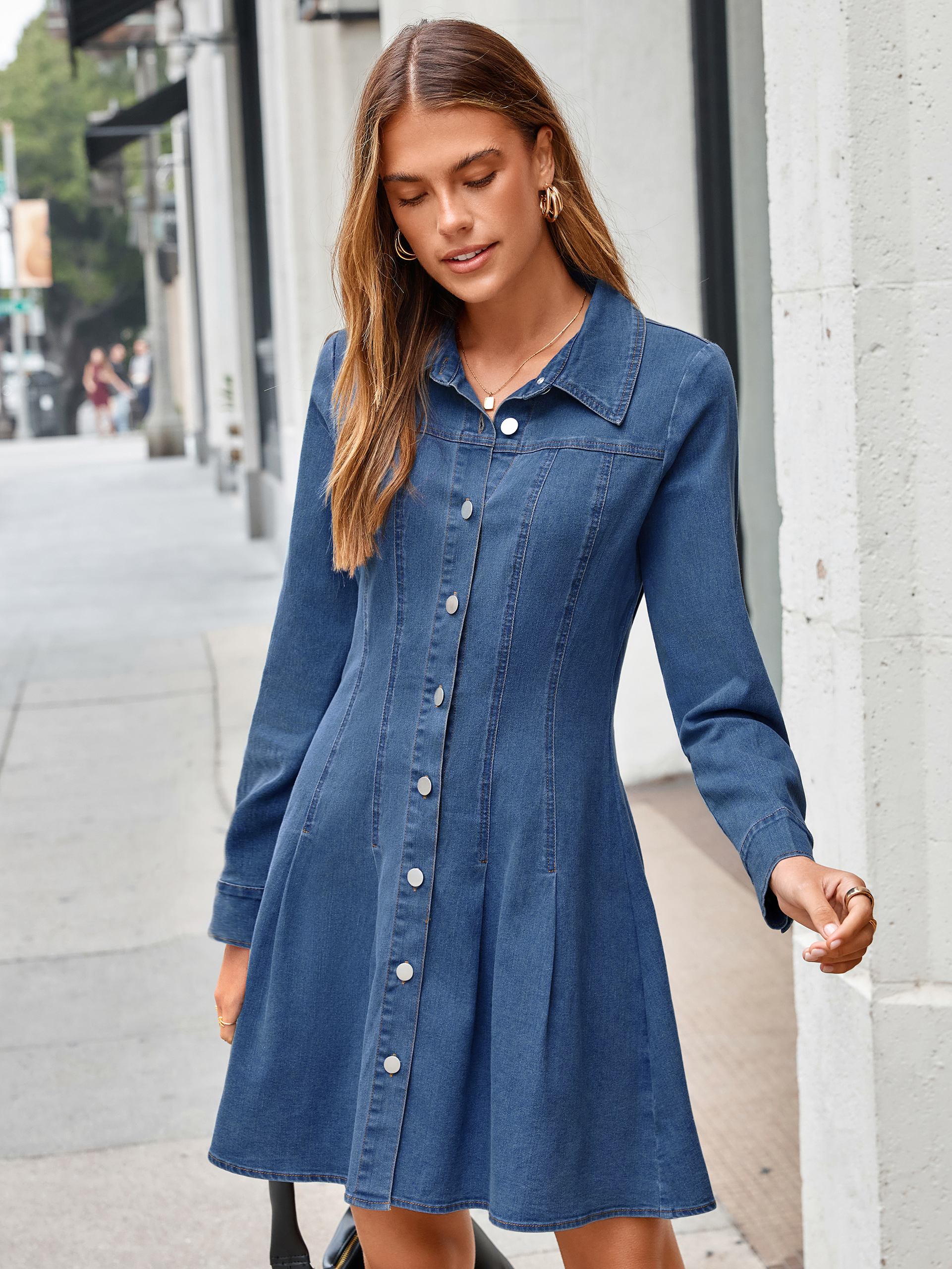 Button Front Stretch Denim Mini Shirt Dress