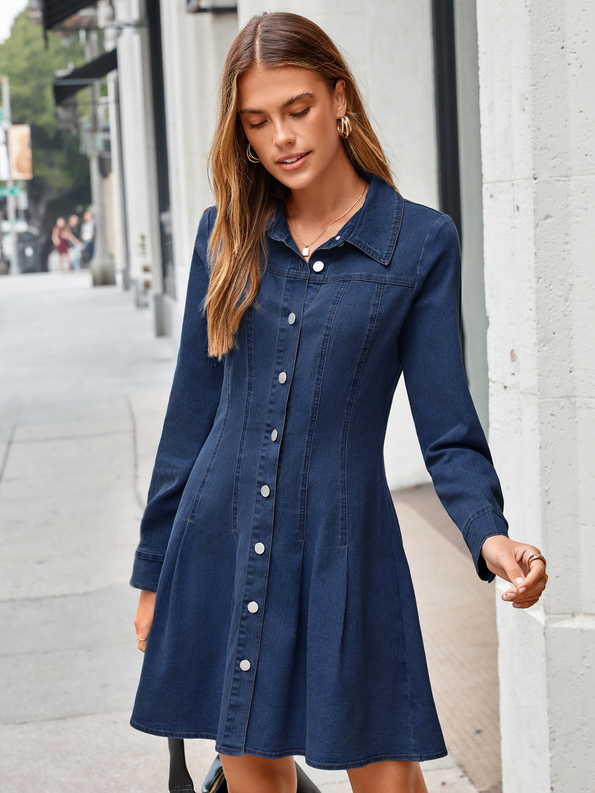 Button Front Stretch Denim Mini Shirt Dress