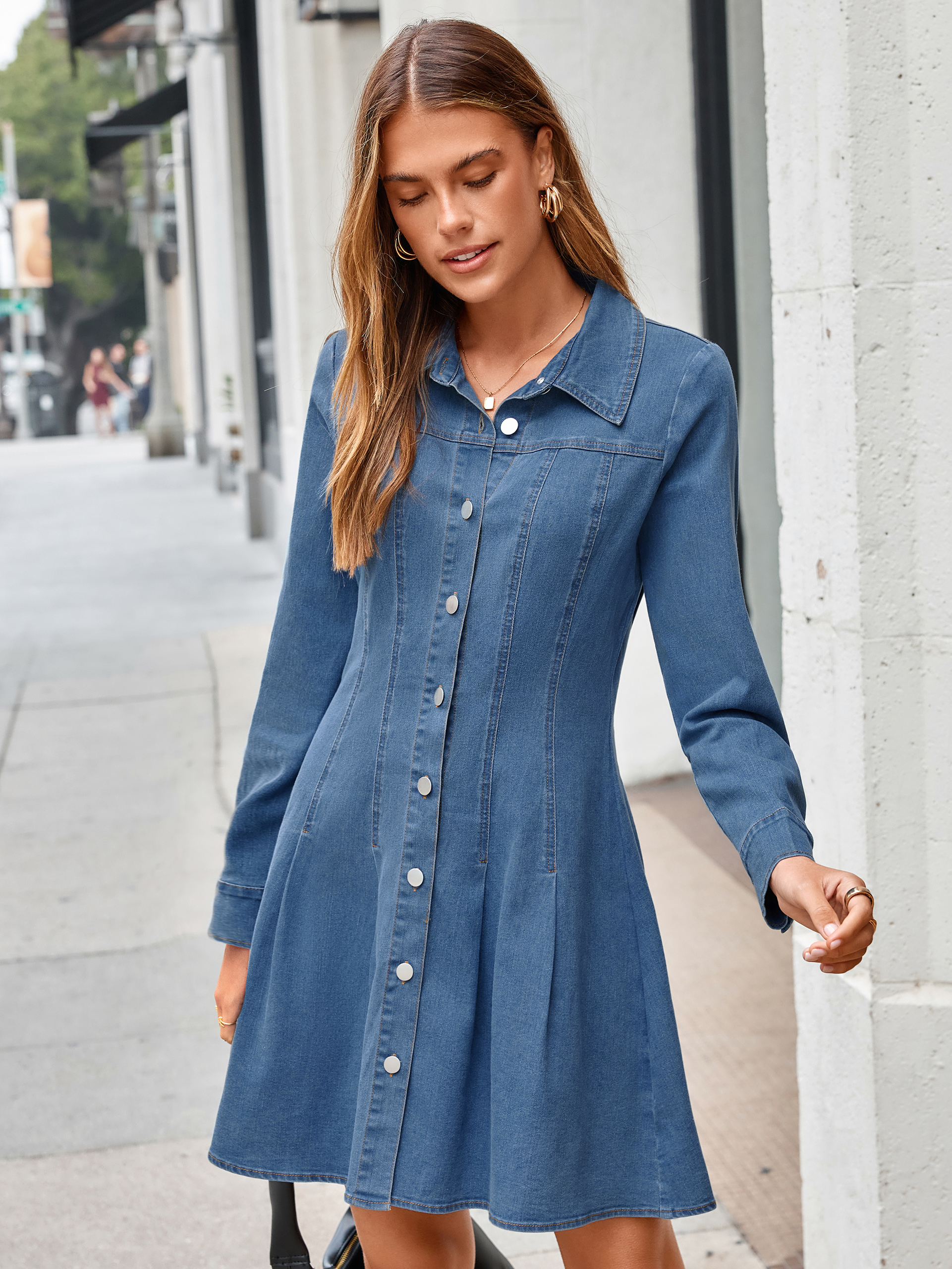 Button Front Stretch Denim Mini Shirt Dress