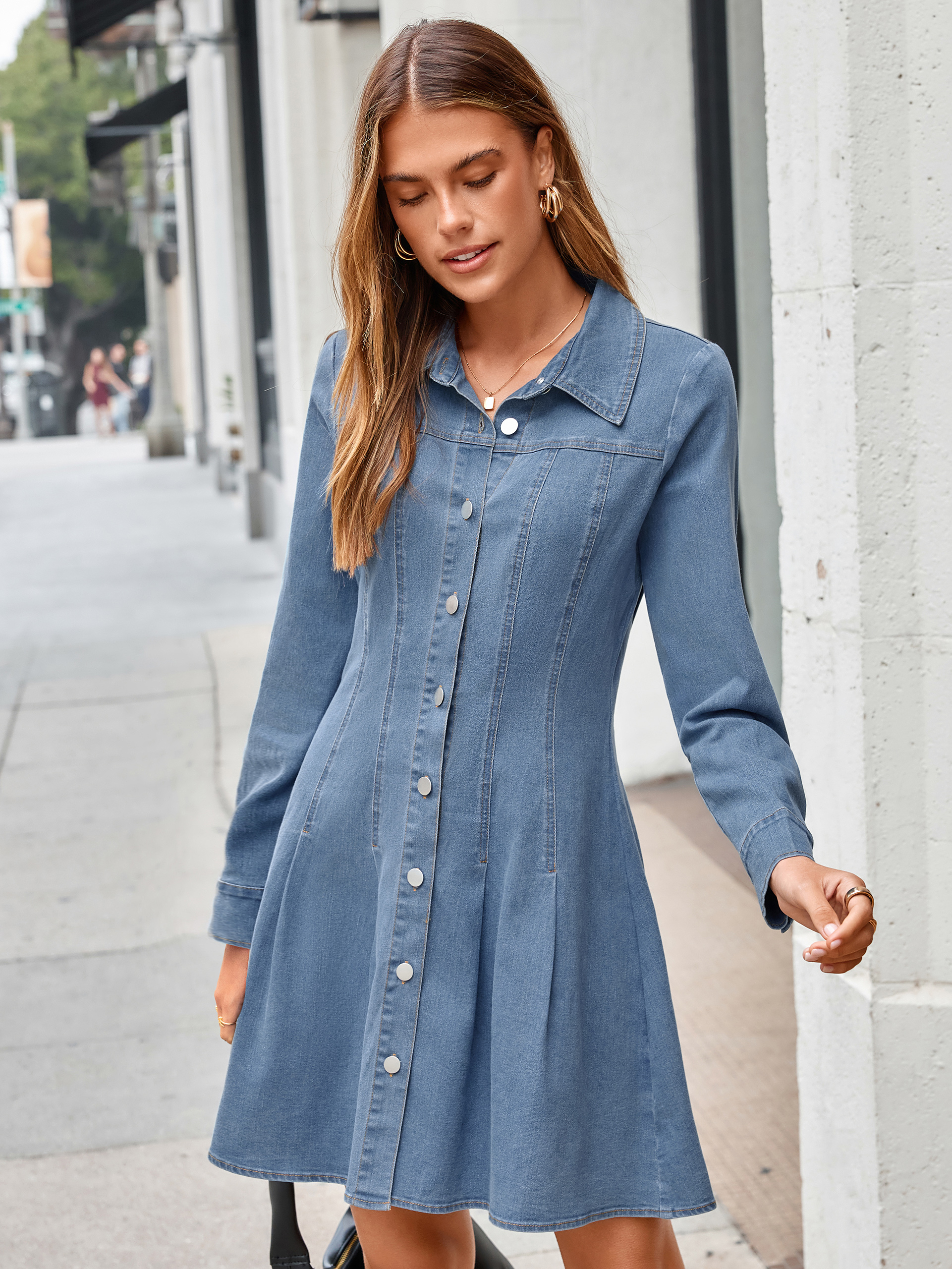 Button Front Stretch Denim Mini Shirt Dress