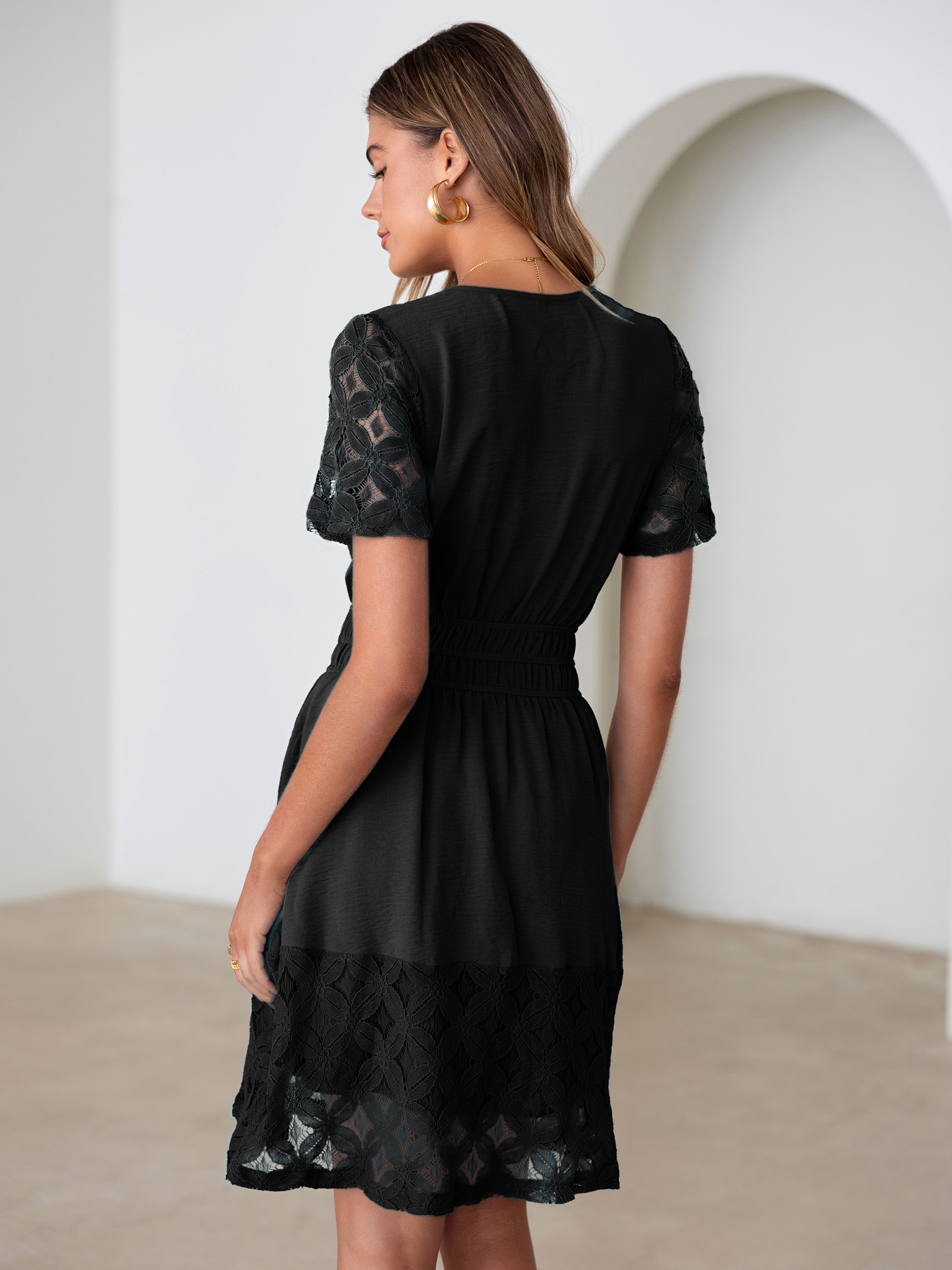 V Neck Crochet Lace Smocked Waist Mini Dress