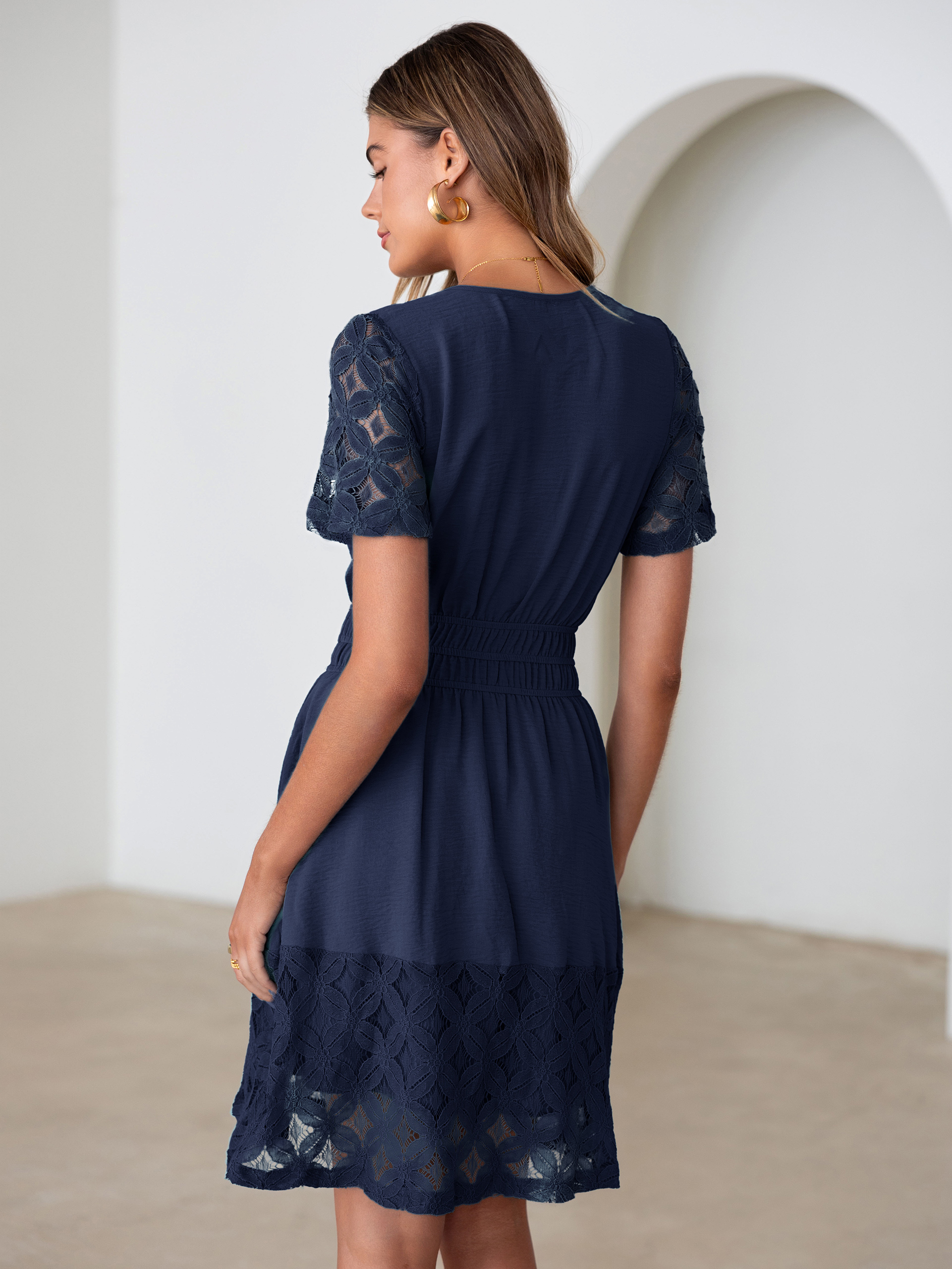 V Neck Crochet Lace Smocked Waist Mini Dress