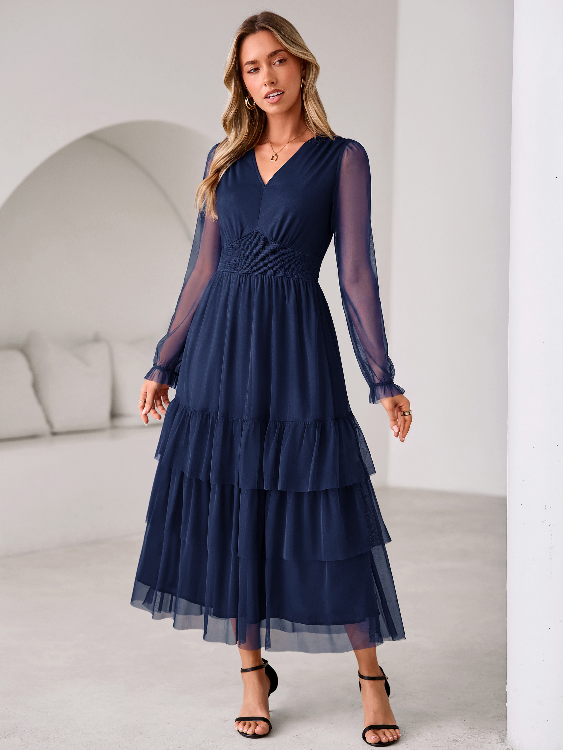 V-Neck Long Puff Sleeve Tiered Tulle Maxi Dress