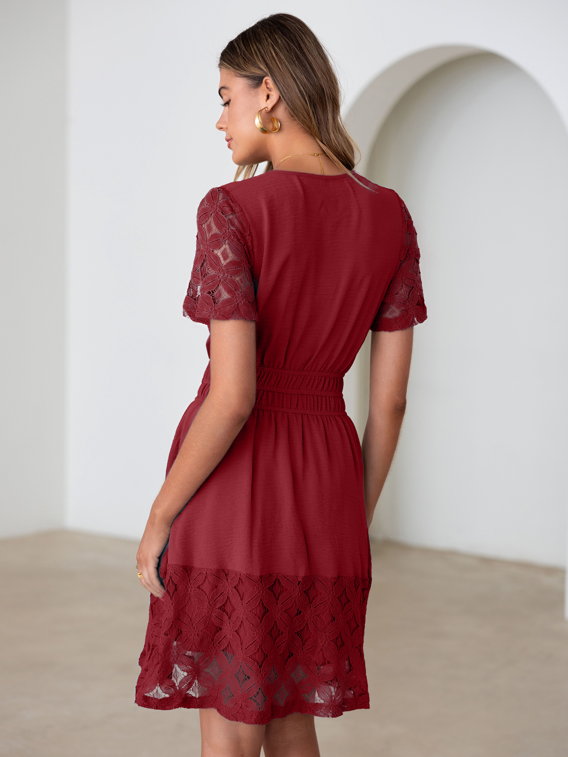 V Neck Crochet Lace Smocked Waist Mini Dress