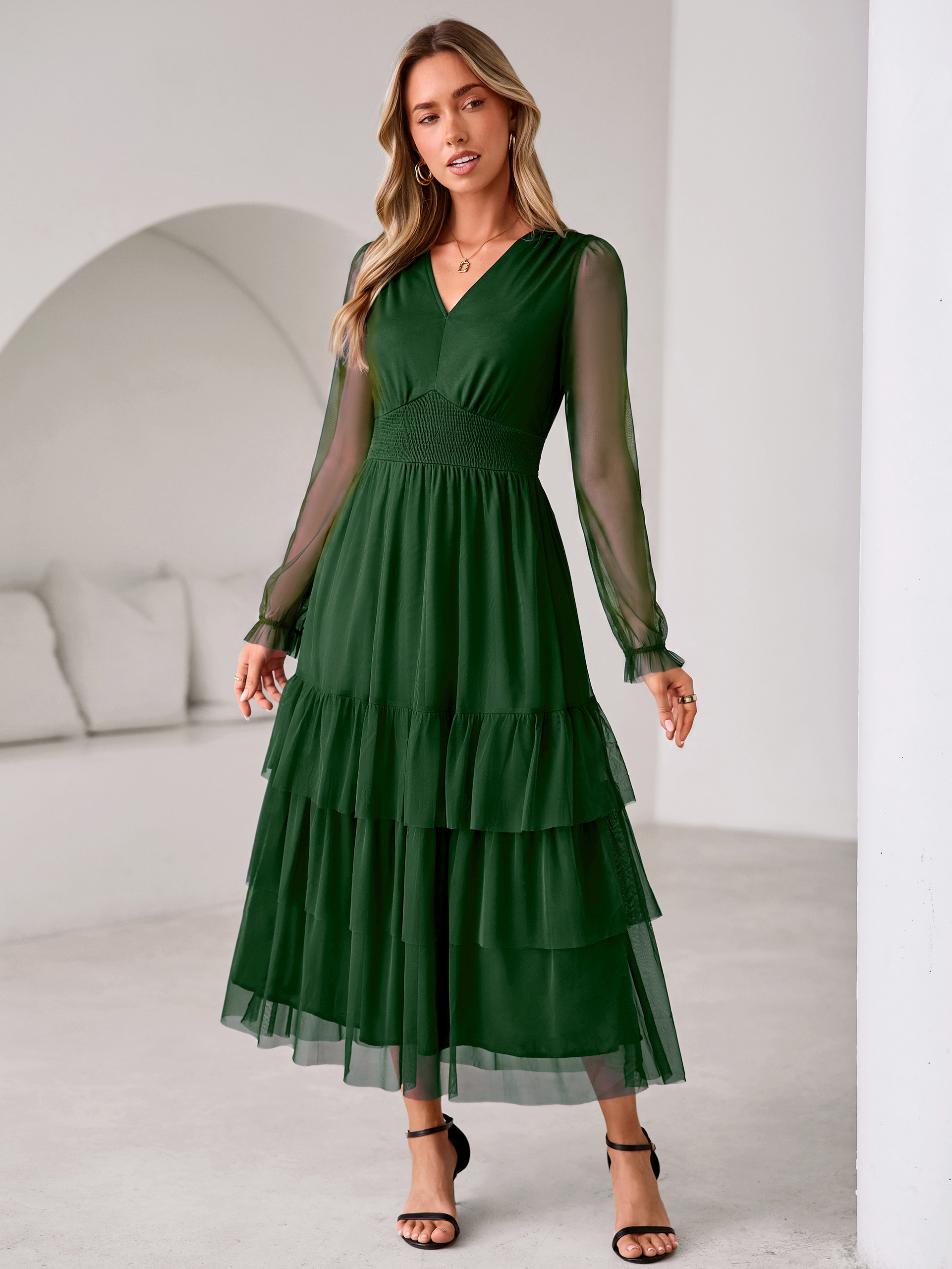 V-Neck Long Puff Sleeve Tiered Tulle Maxi Dress