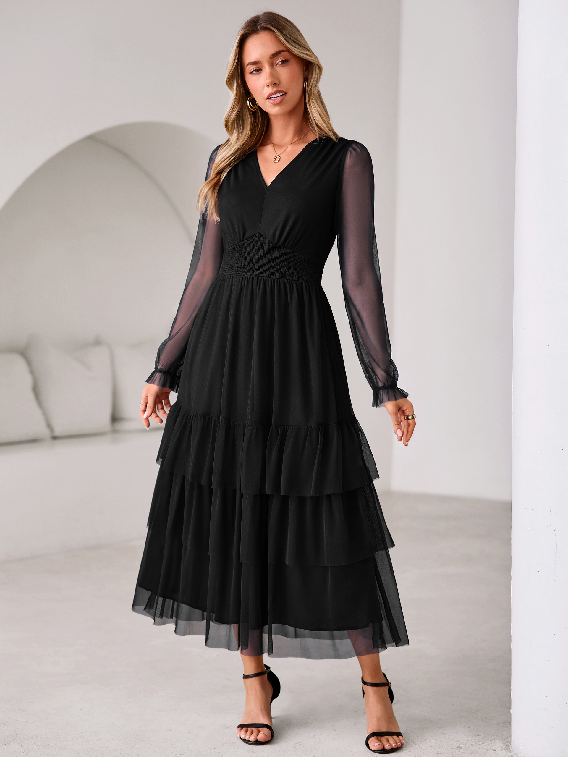 V-Neck Long Puff Sleeve Tiered Tulle Maxi Dress