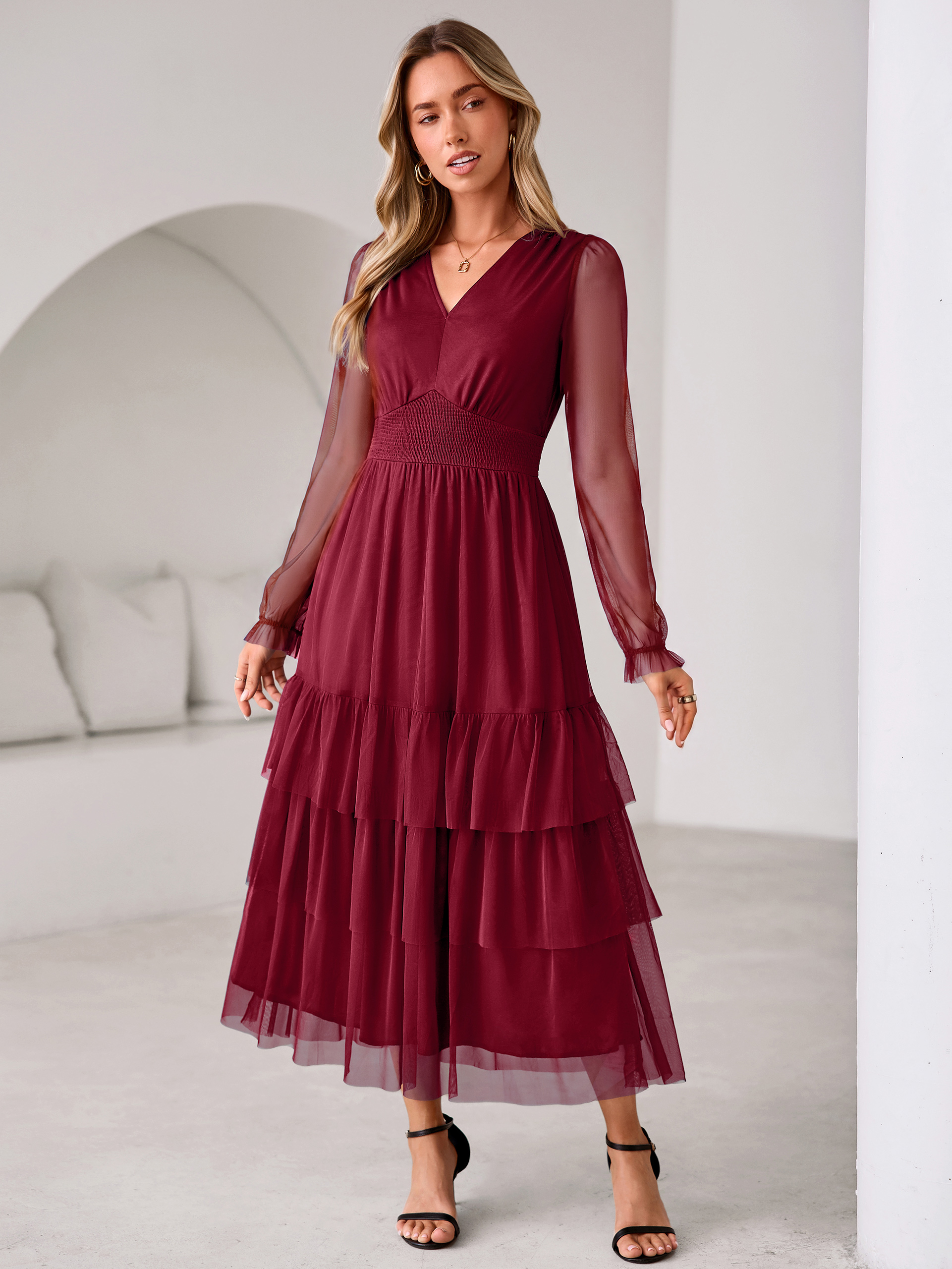 V-Neck Long Puff Sleeve Tiered Tulle Maxi Dress