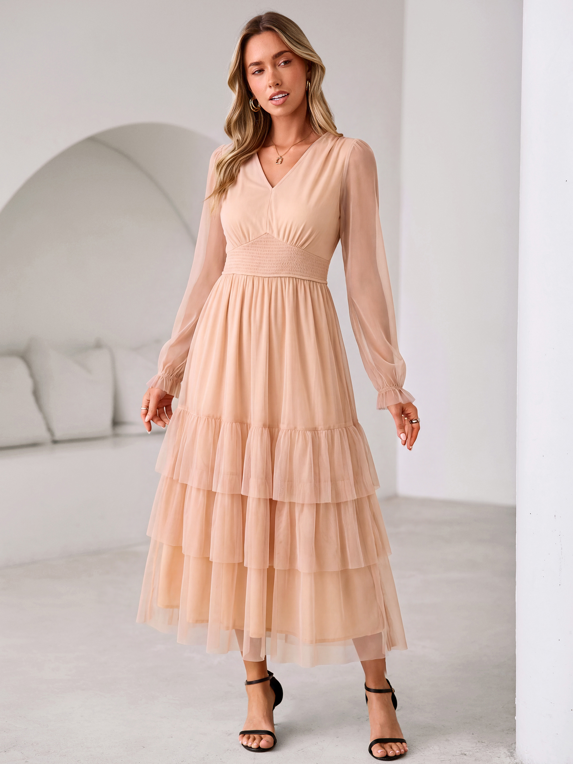 V-Neck Long Puff Sleeve Tiered Tulle Maxi Dress