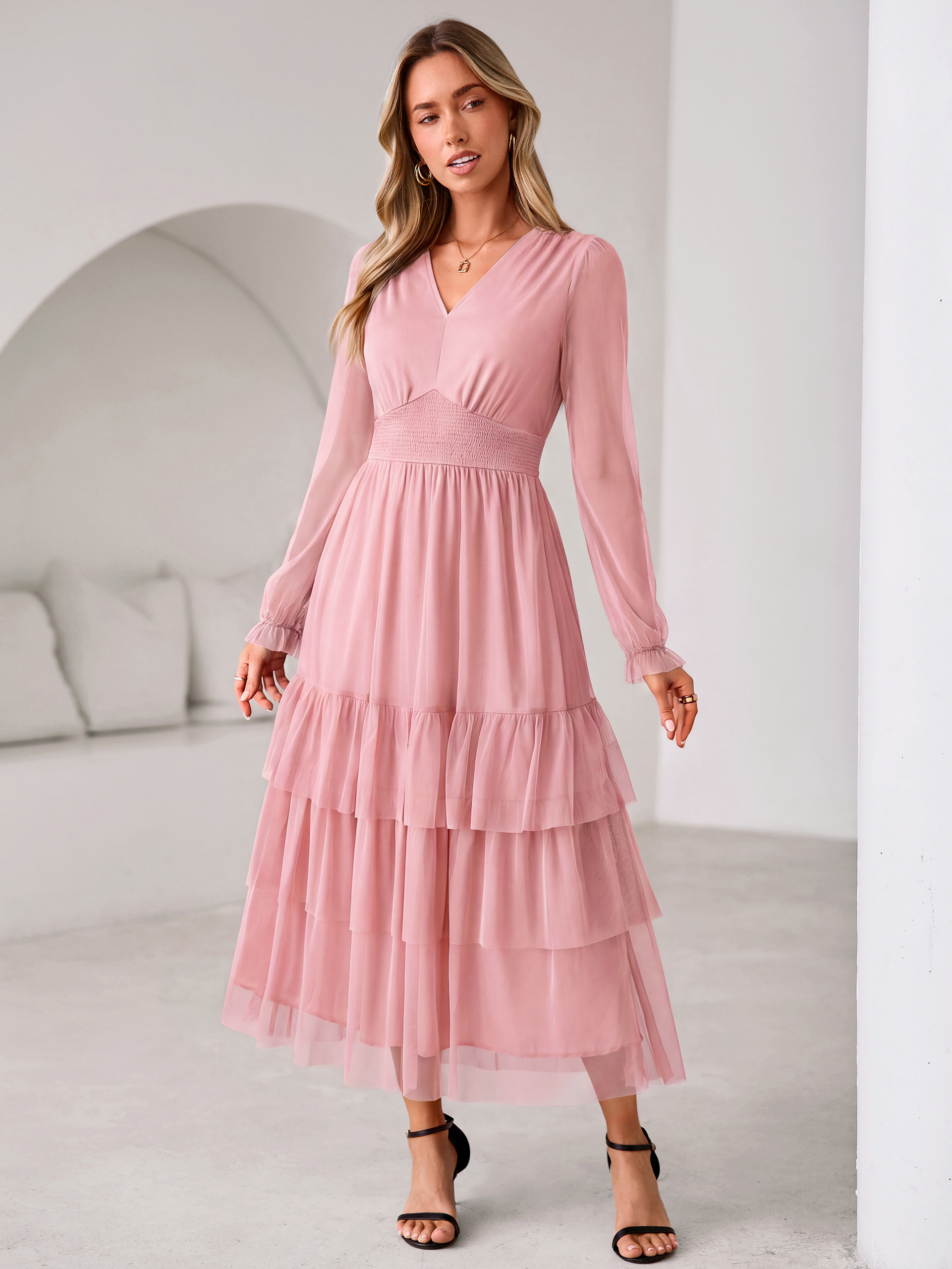 V-Neck Long Puff Sleeve Tiered Tulle Maxi Dress