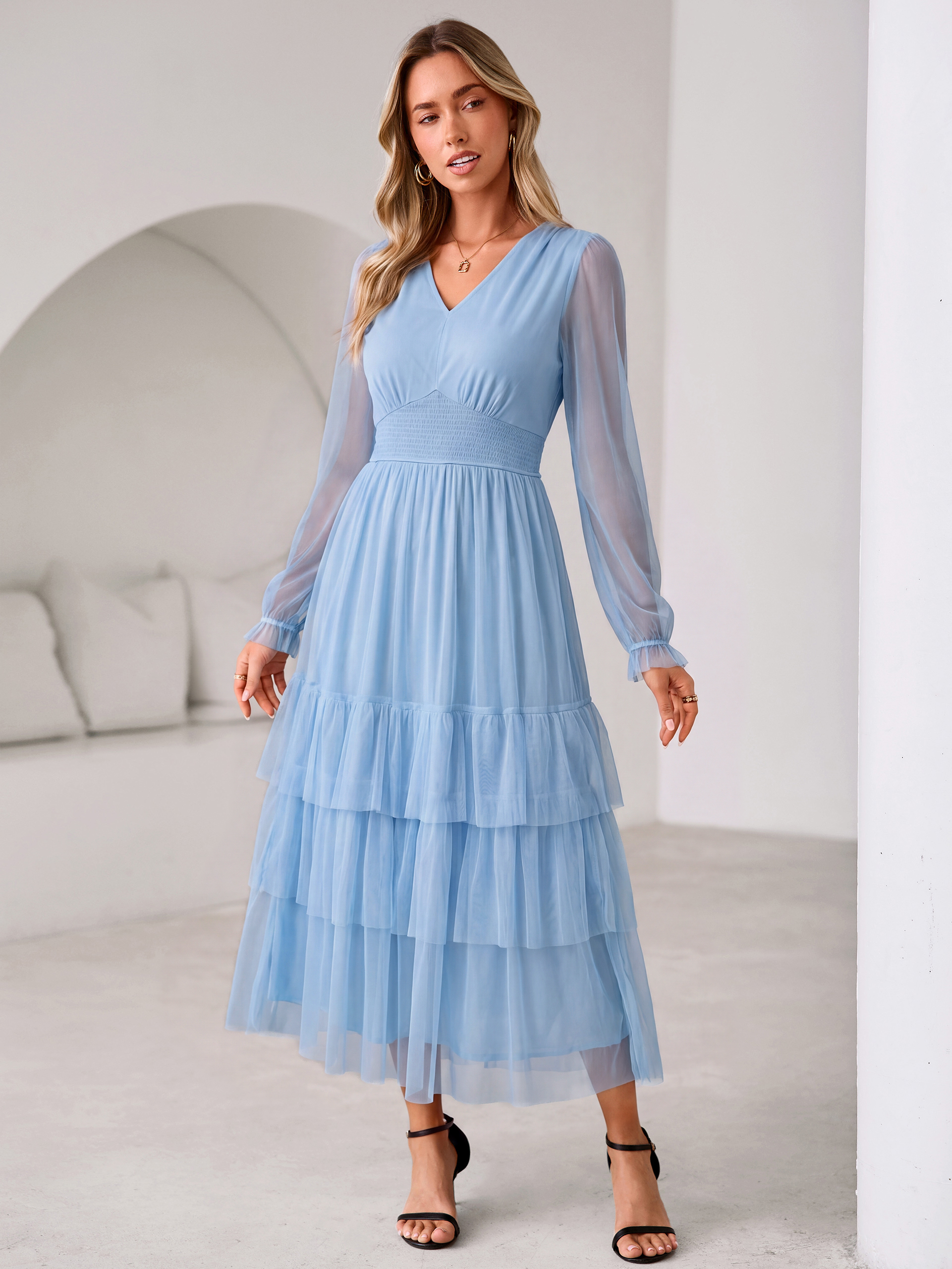 V-Neck Long Puff Sleeve Tiered Tulle Maxi Dress - Light Blue