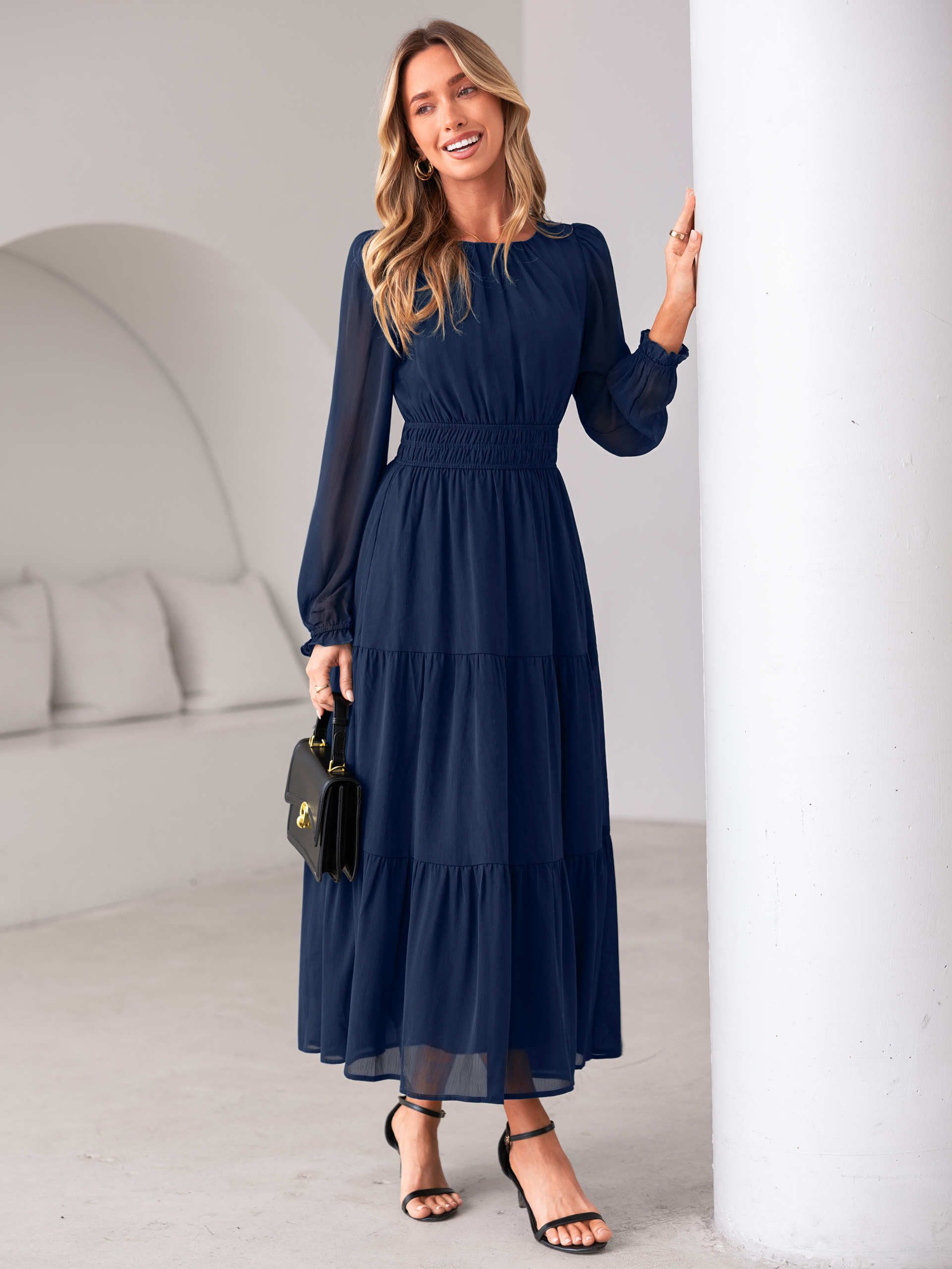 Crewneck Long Sleeve Tiered Chiffon Maxi Dress