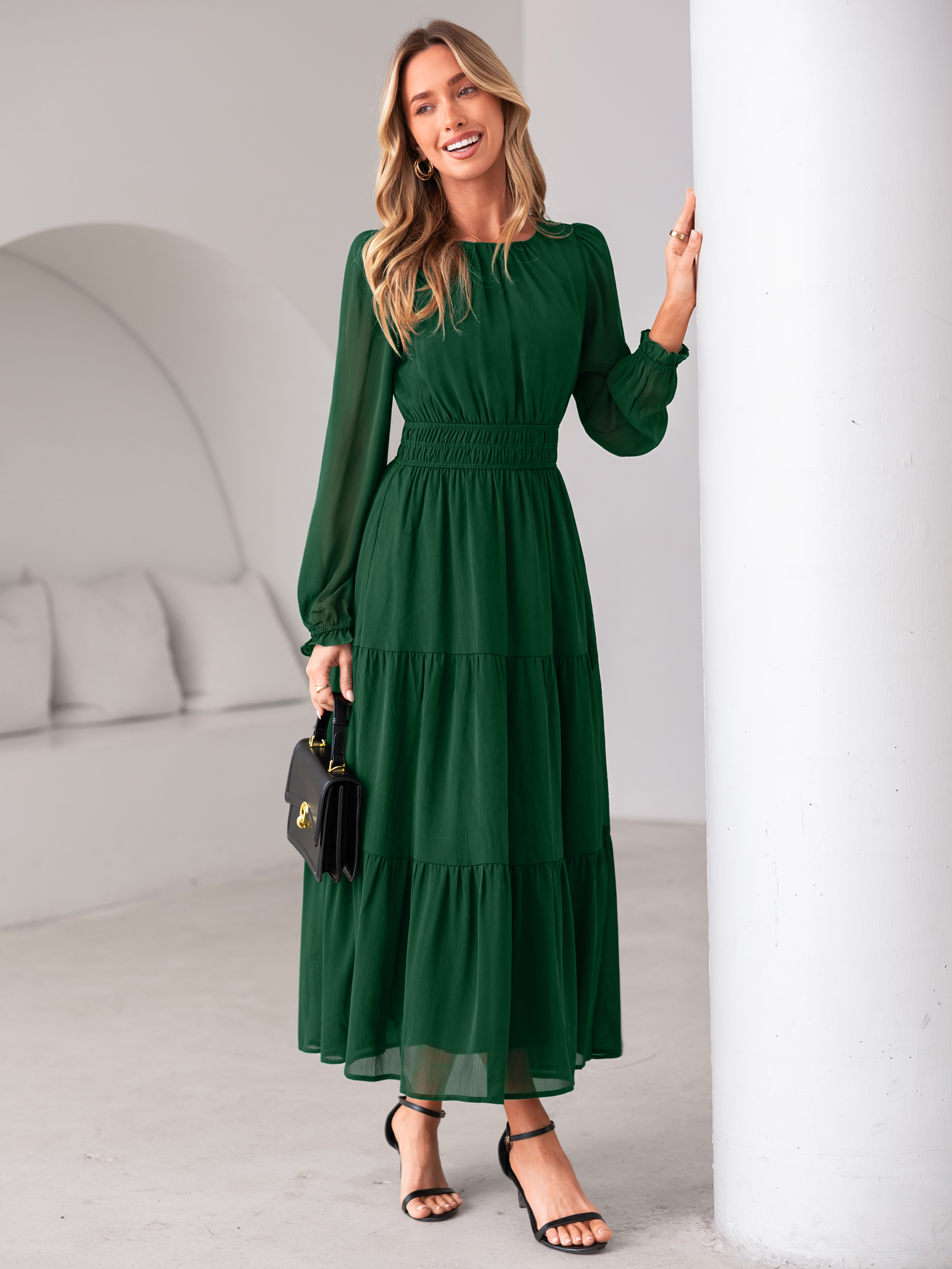 Crewneck Long Sleeve Tiered Chiffon Maxi Dress
