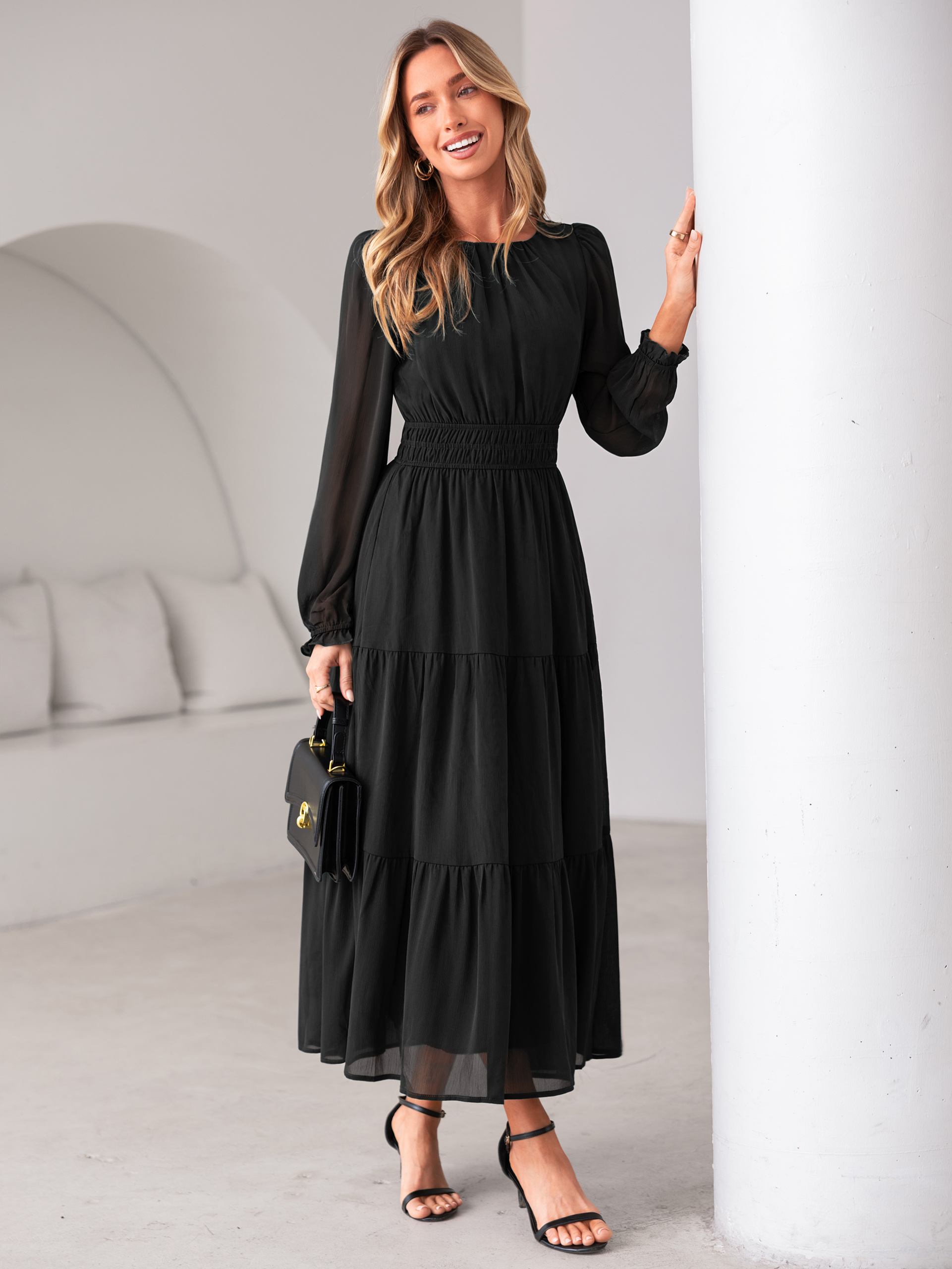 Crewneck Long Sleeve Tiered Chiffon Maxi Dress