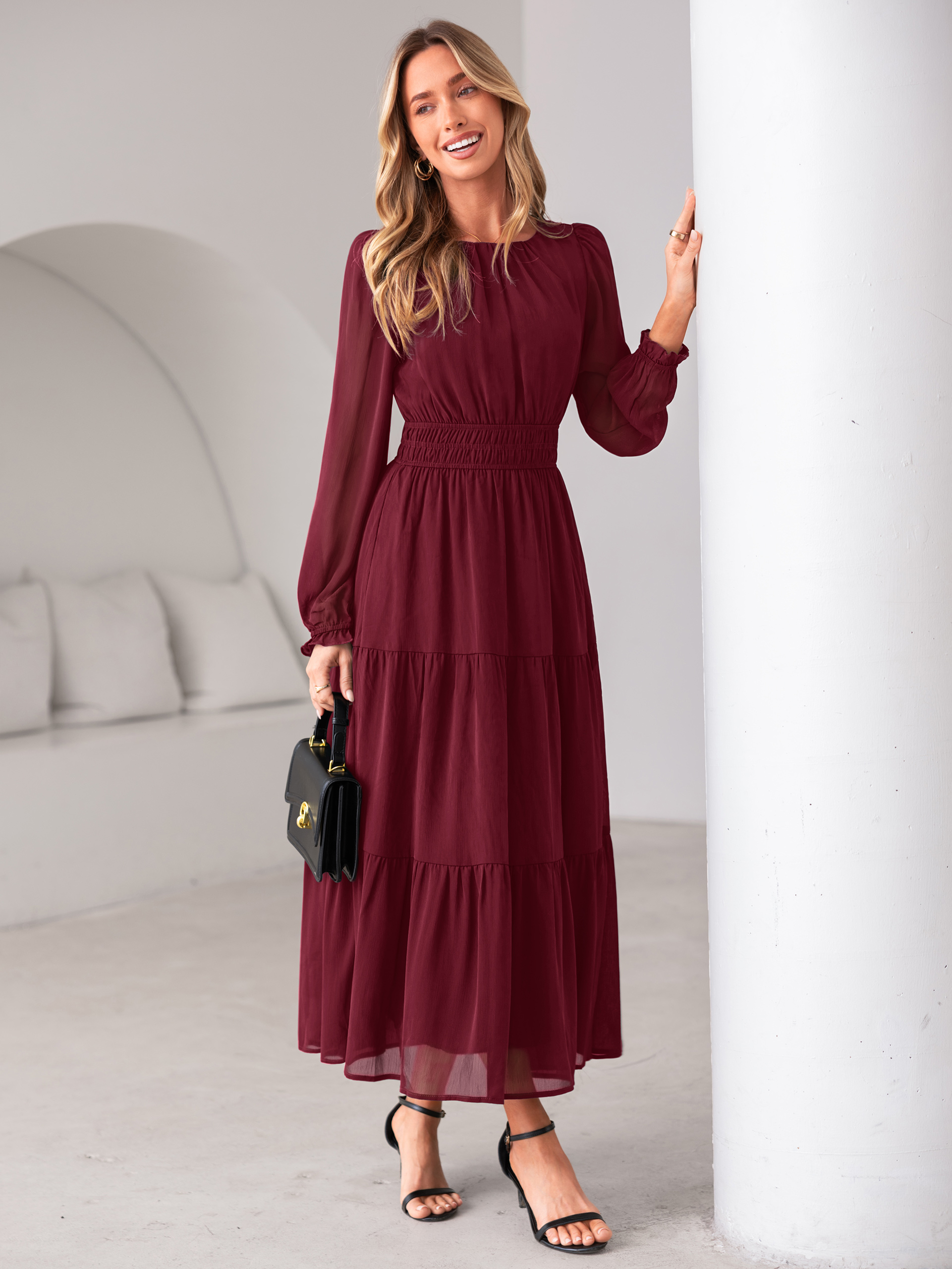 Crewneck Long Sleeve Tiered Chiffon Maxi Dress