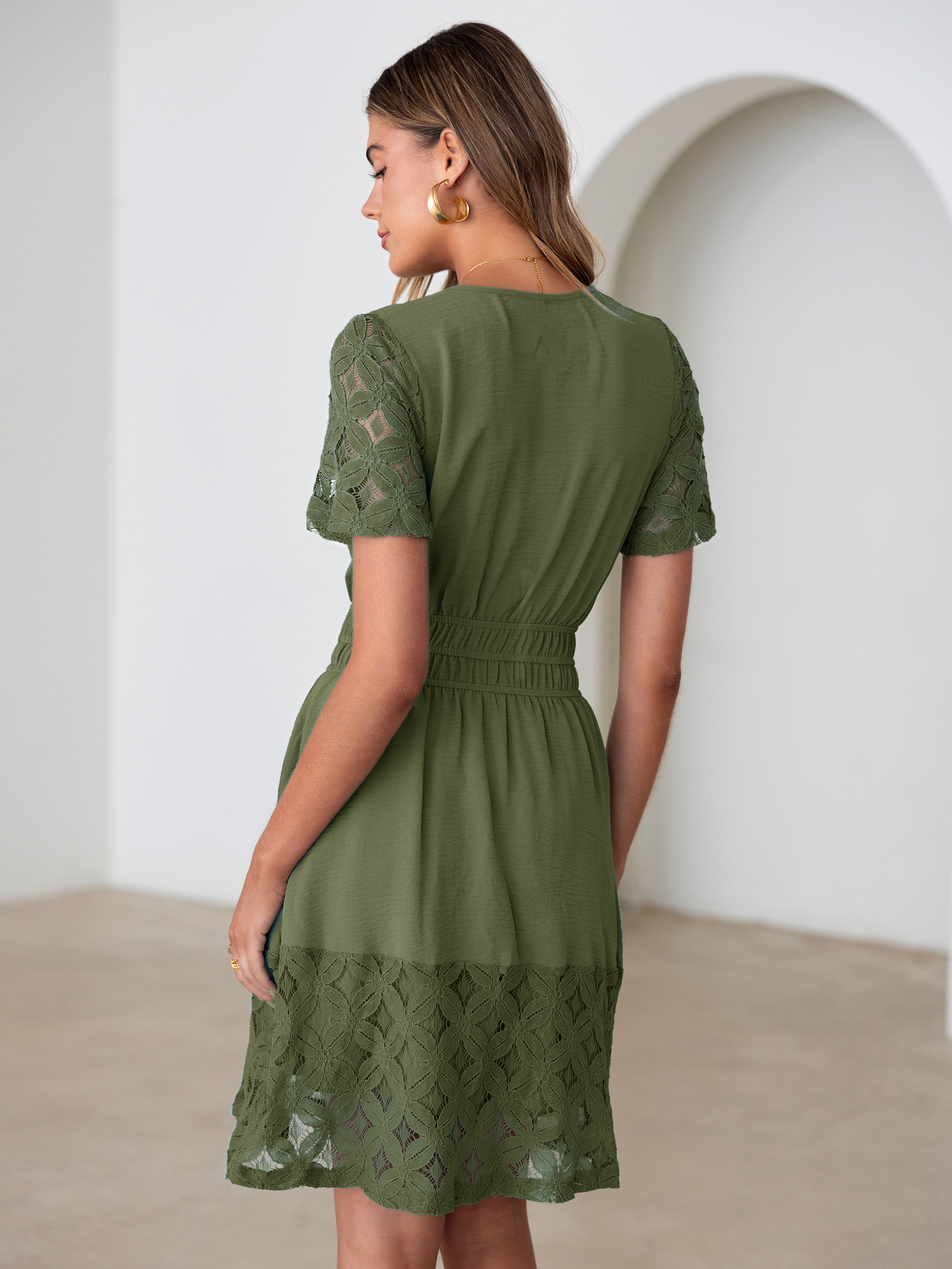 V Neck Crochet Lace Smocked Waist Mini Dress