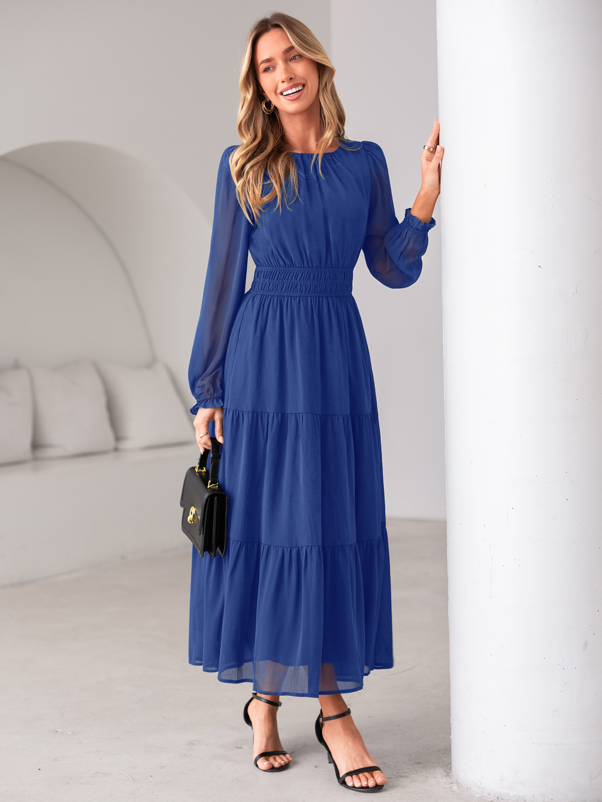 Crewneck Long Sleeve Tiered Chiffon Maxi Dress