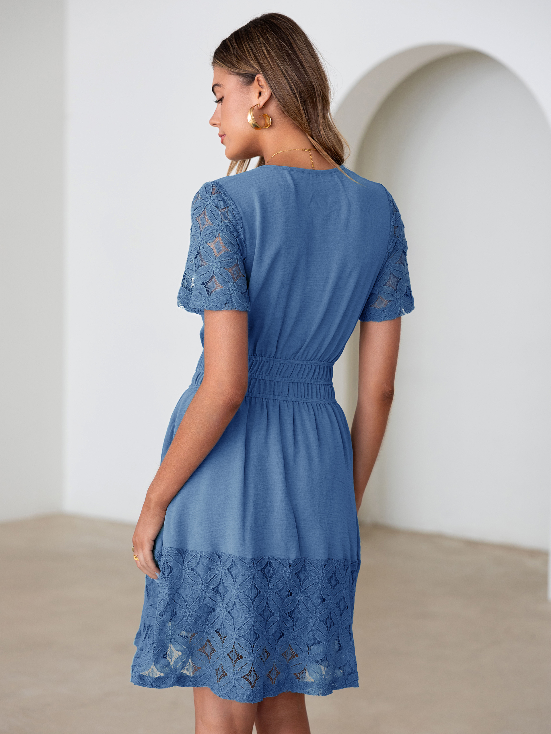 V Neck Crochet Lace Smocked Waist Mini Dress