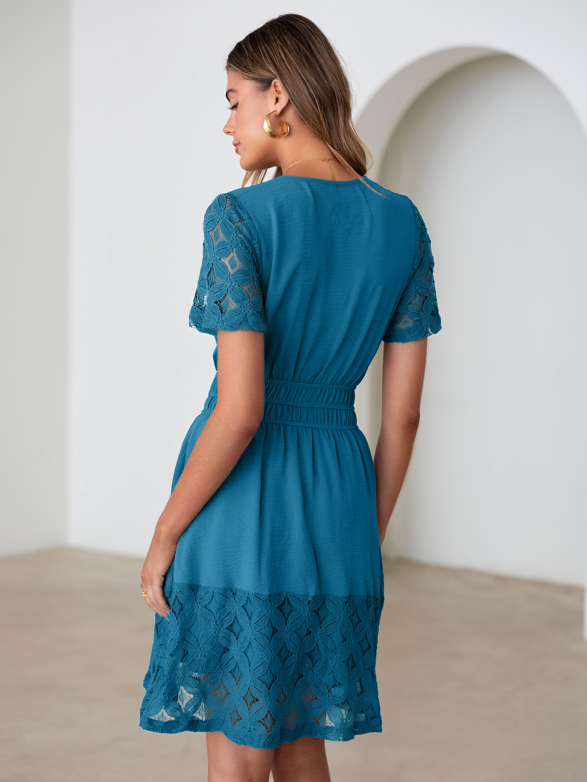 V Neck Crochet Lace Smocked Waist Mini Dress