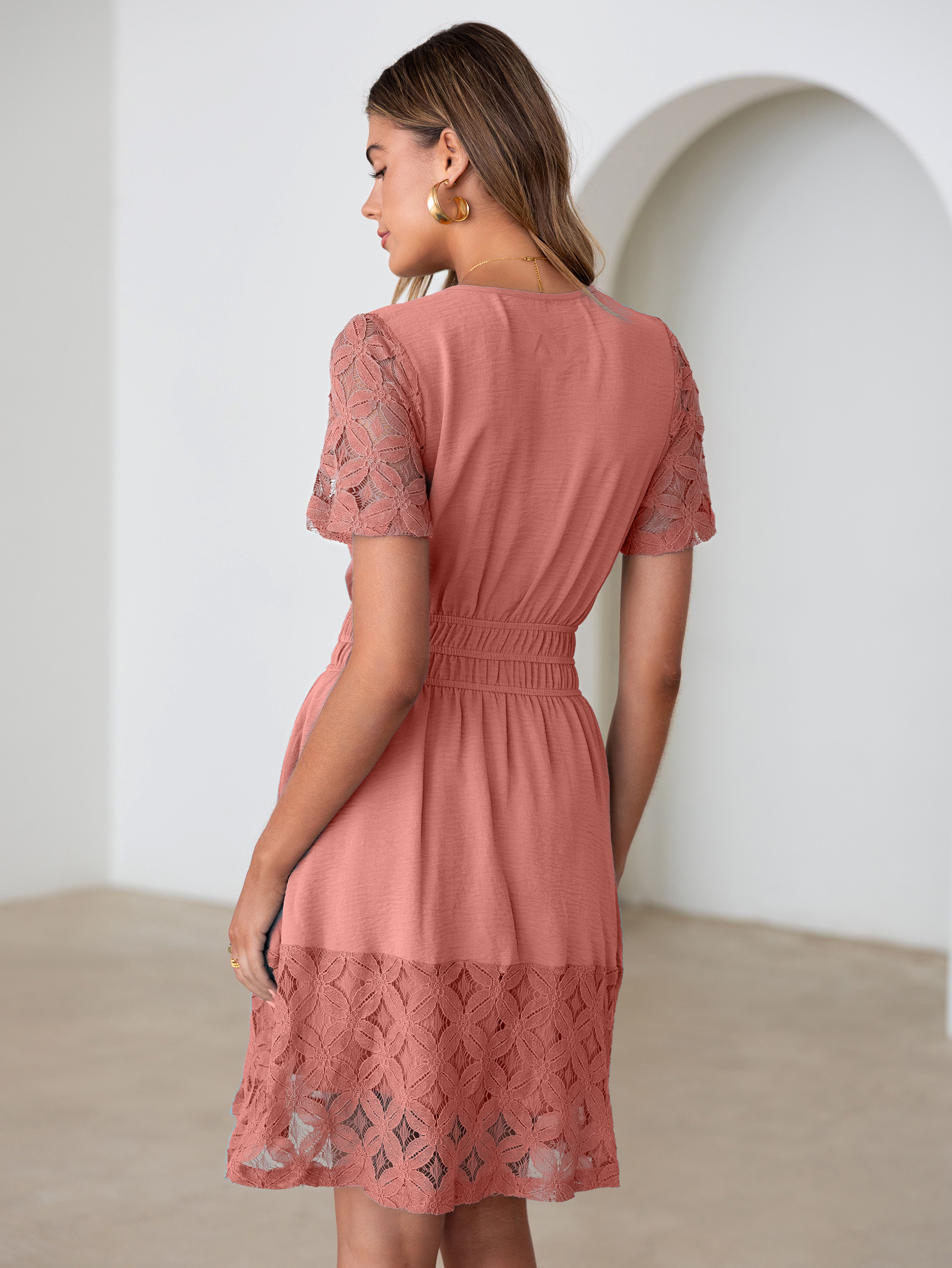 V Neck Crochet Lace Smocked Waist Mini Dress