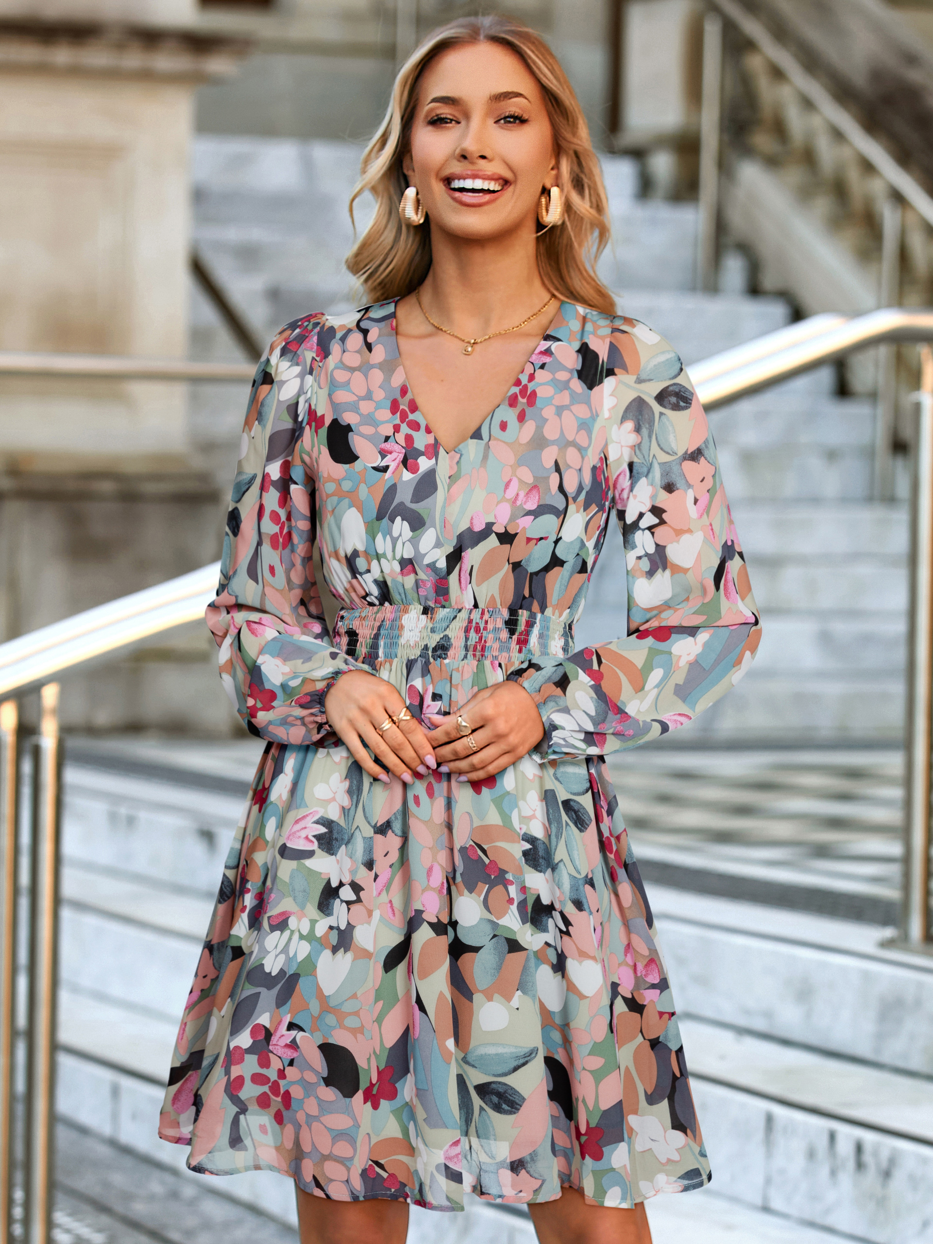 Boho Flowy Floral Chiffon Wedding Guest Mini Dress - Green Floral