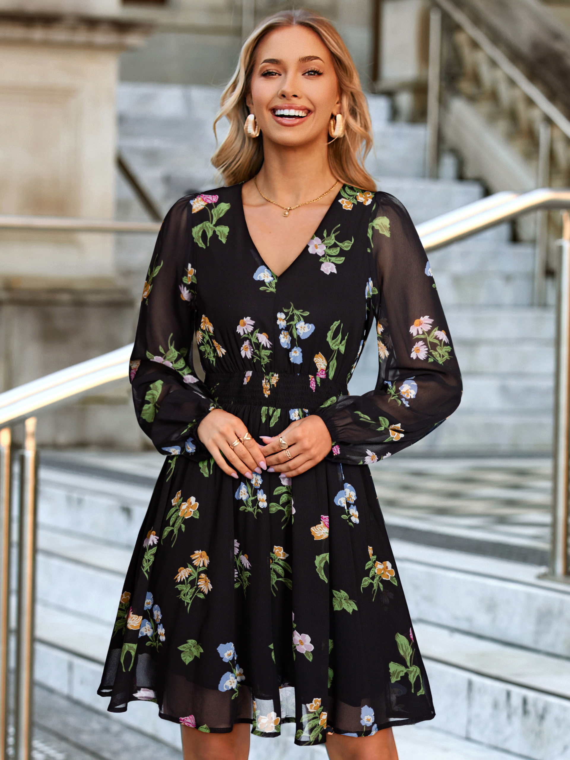 Boho Flowy Floral Chiffon Wedding Guest Mini Dress - Black Floral