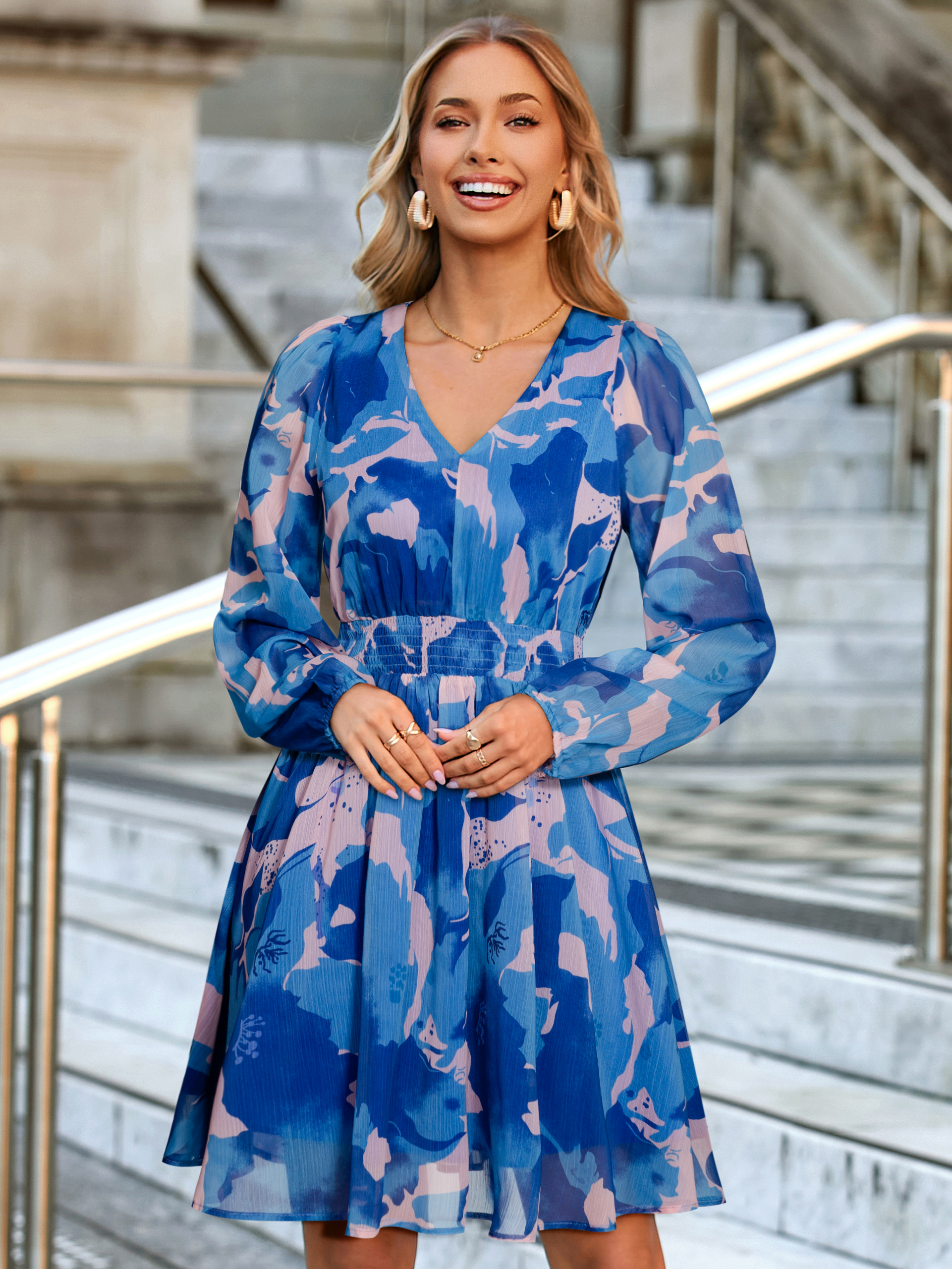 Boho Flowy Floral Chiffon Wedding Guest Mini Dress - Blue Floral