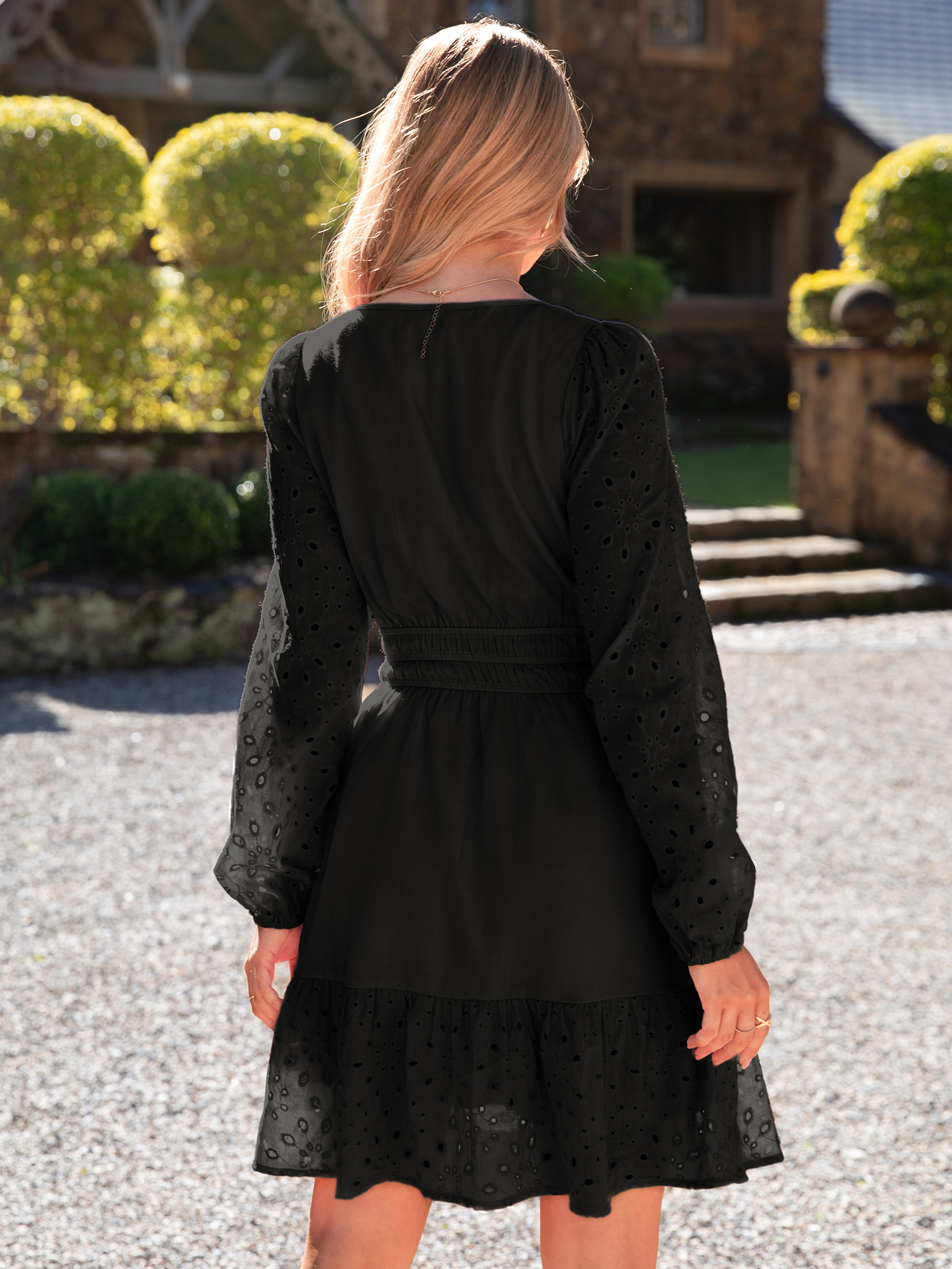 Eyelet V Neck Long Sleeve A Line Mini Dress