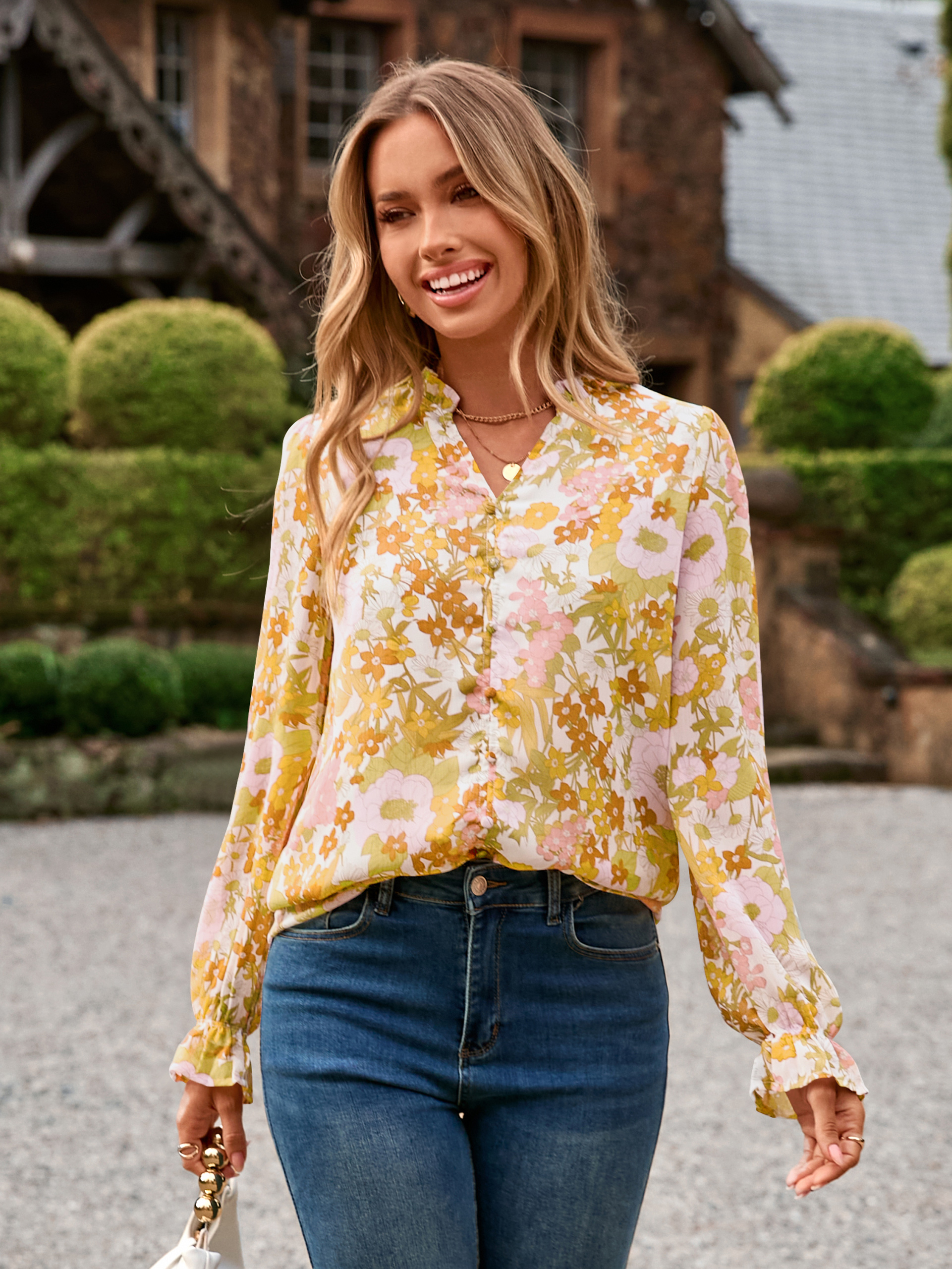 Floral V Neck Puff Sleeve Chiffon Blouse - Yellow