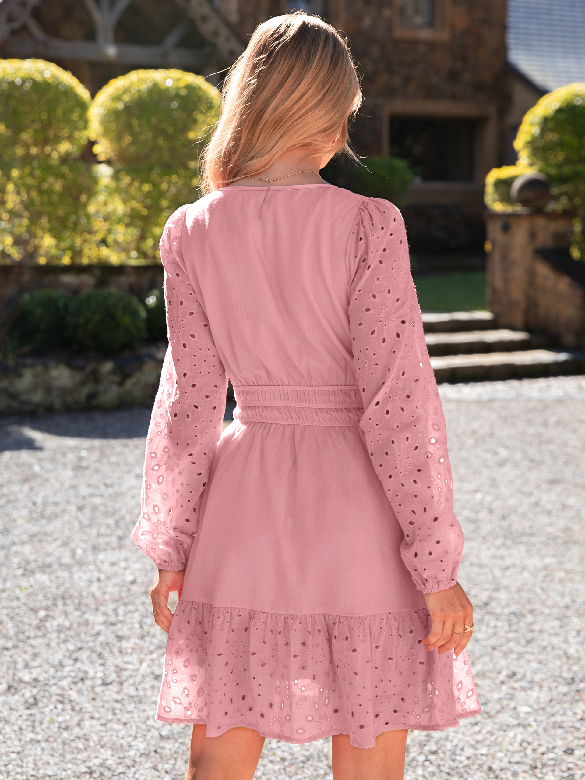 Eyelet V Neck Long Sleeve A Line Mini Dress