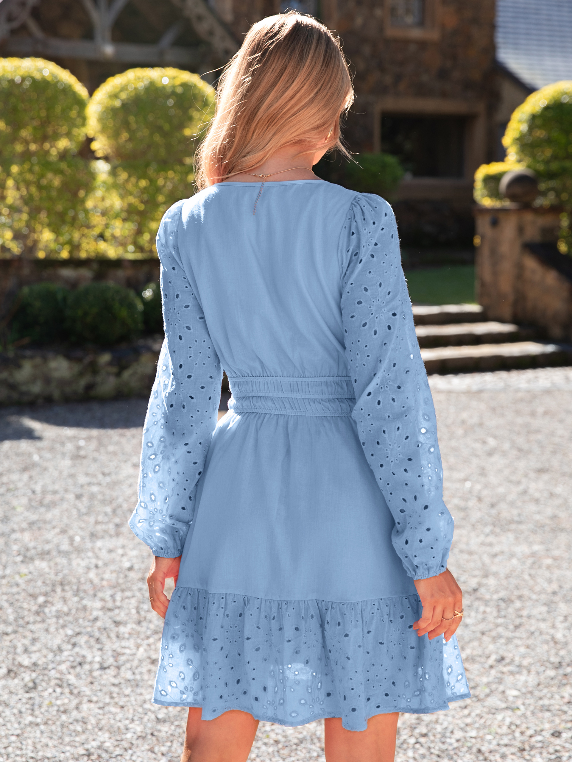 Eyelet V Neck Long Sleeve A Line Mini Dress