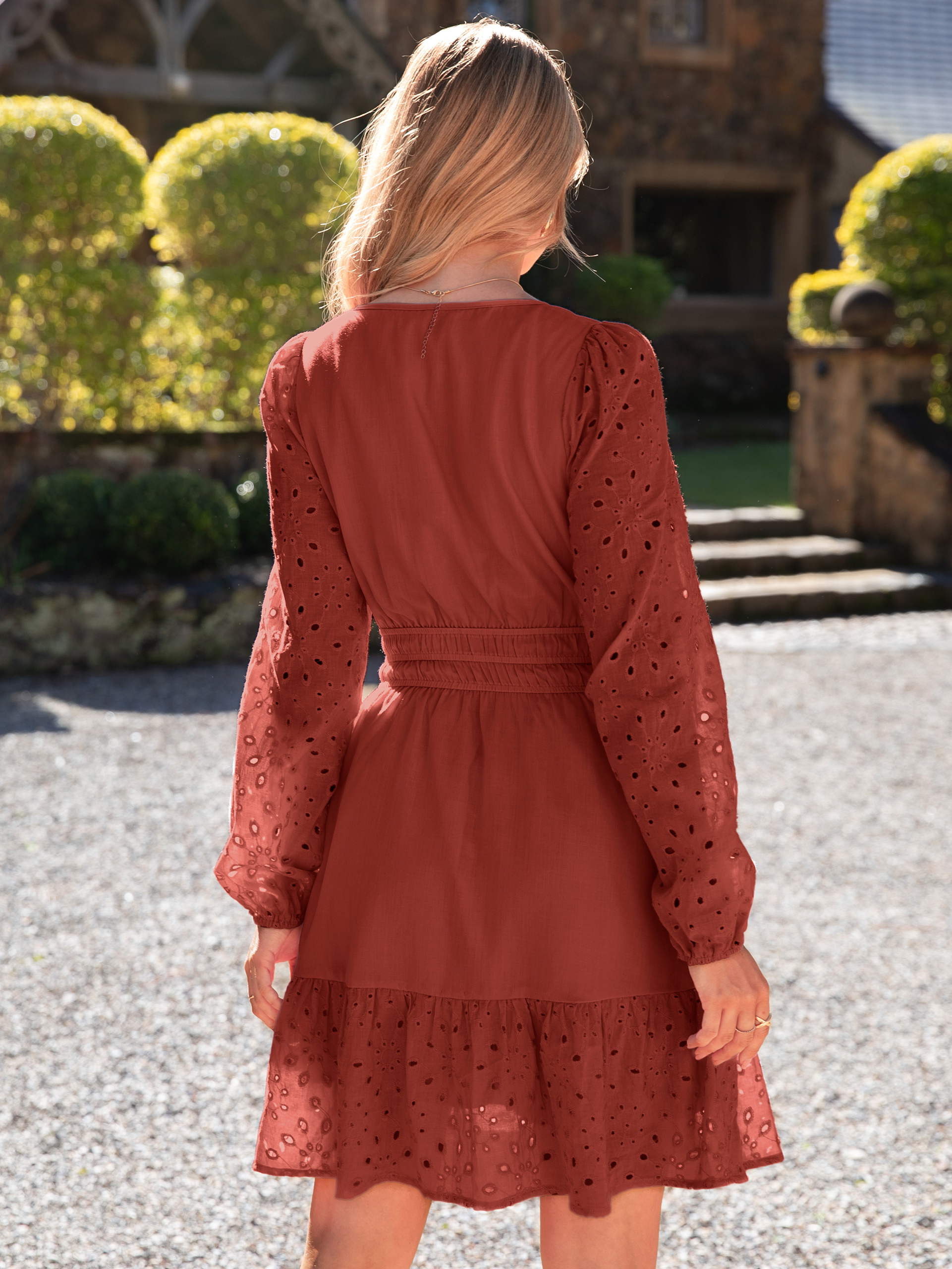 Eyelet V Neck Long Sleeve A Line Mini Dress