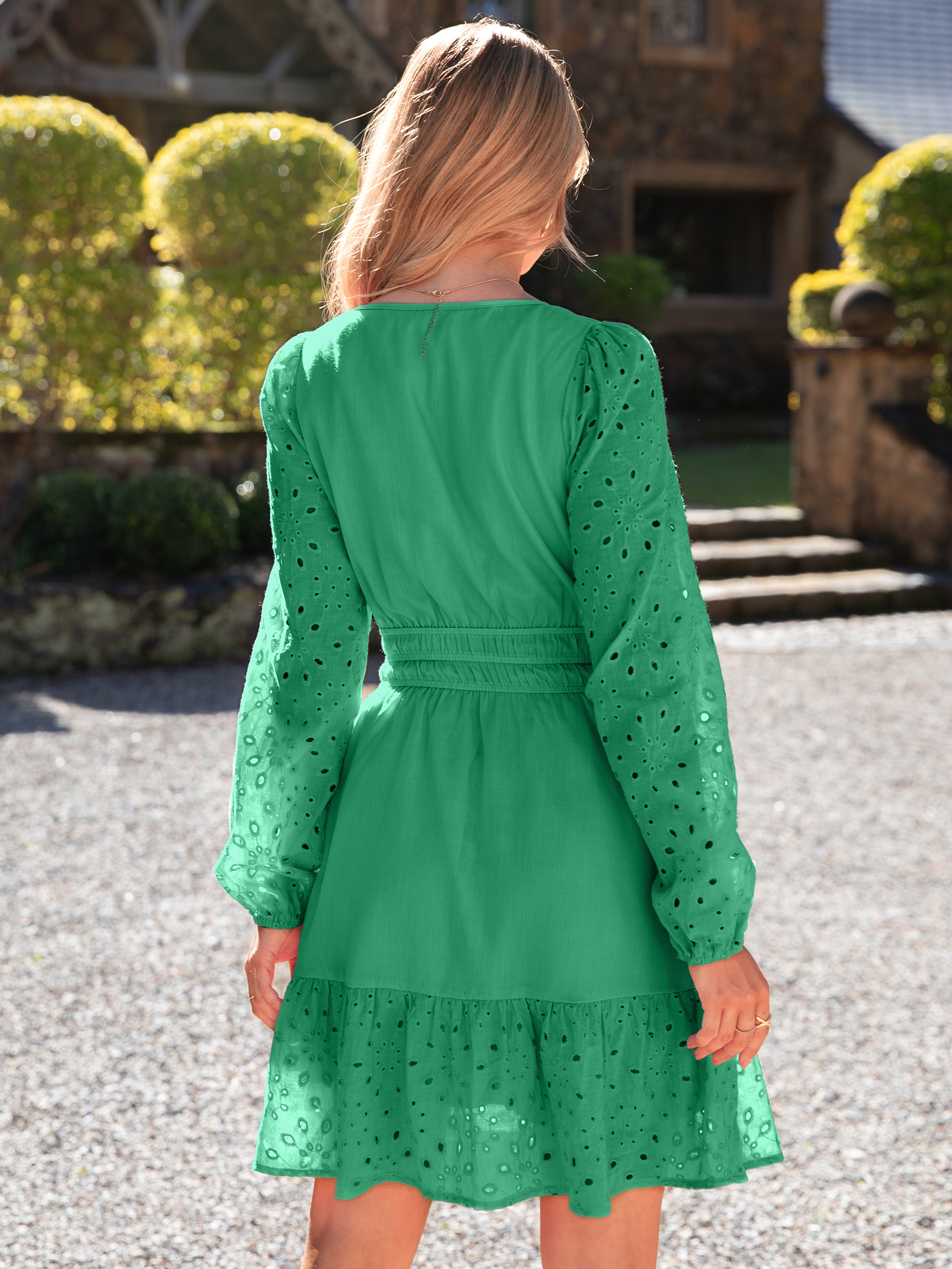 Eyelet V Neck Long Sleeve A Line Mini Dress