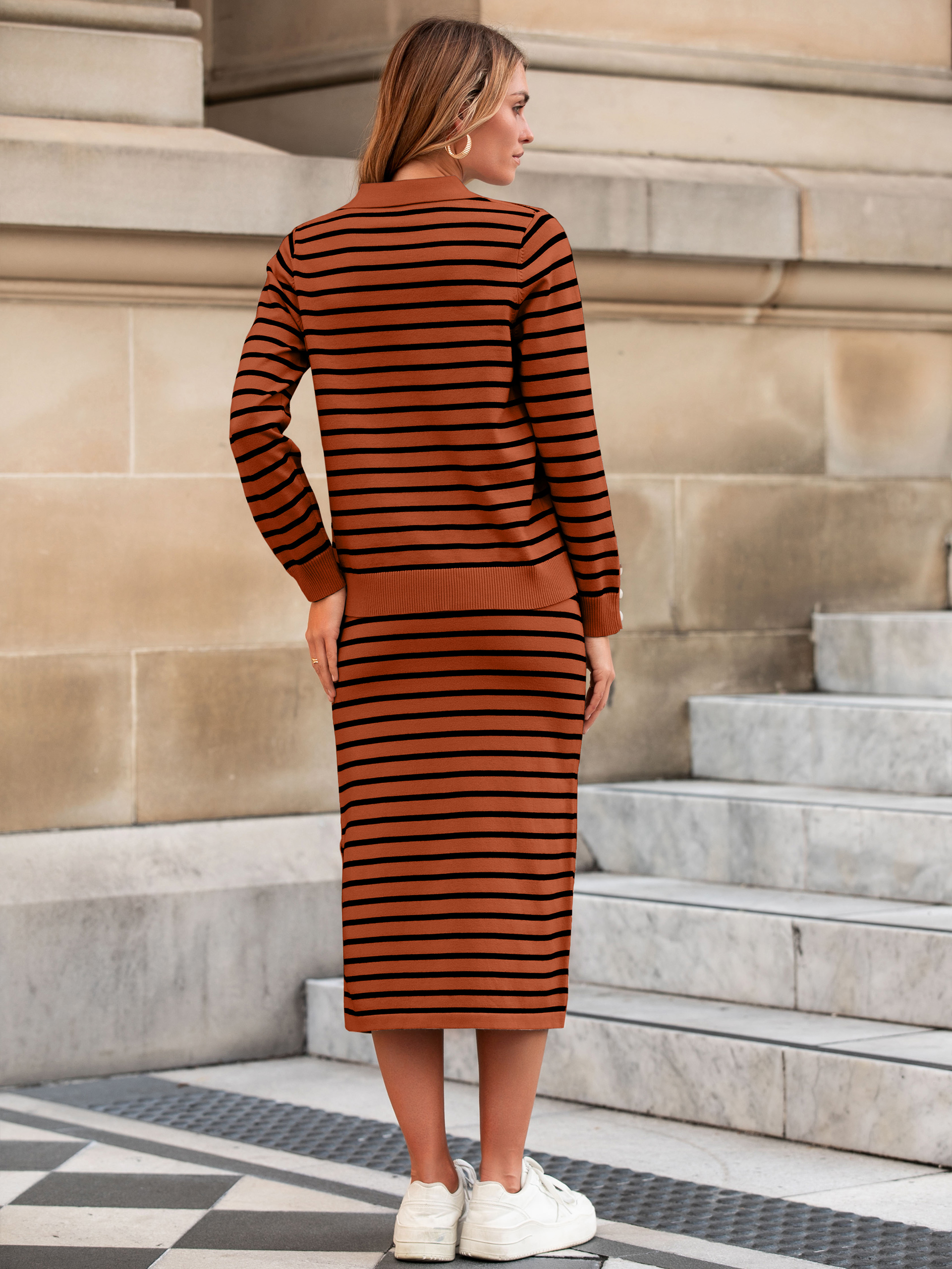 Striped Polo Neck Knitted Two Piece Skirt Sets - Striped Orange Black