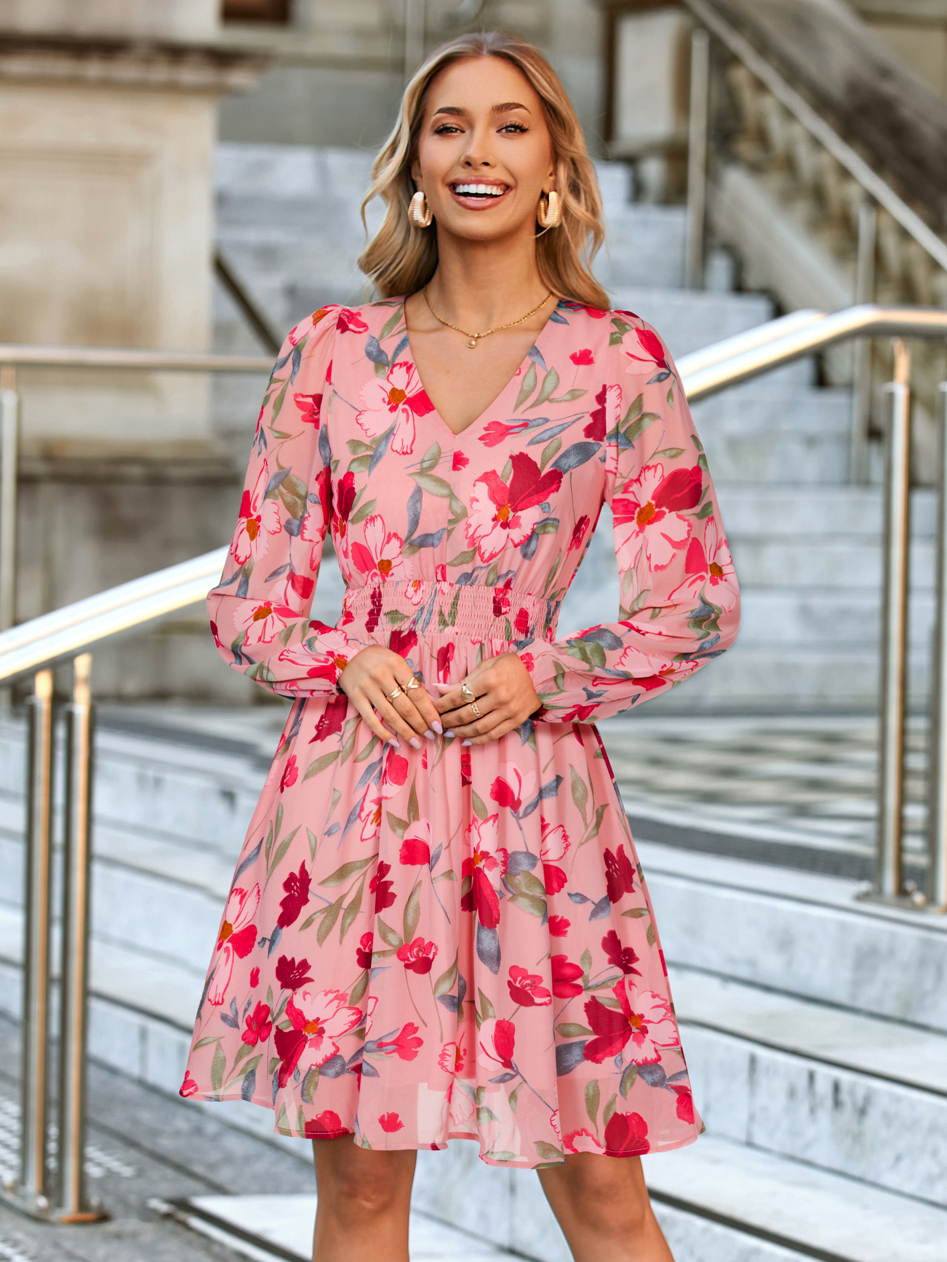 Boho Flowy Floral Chiffon Wedding Guest Mini Dress - Pink Green Floral