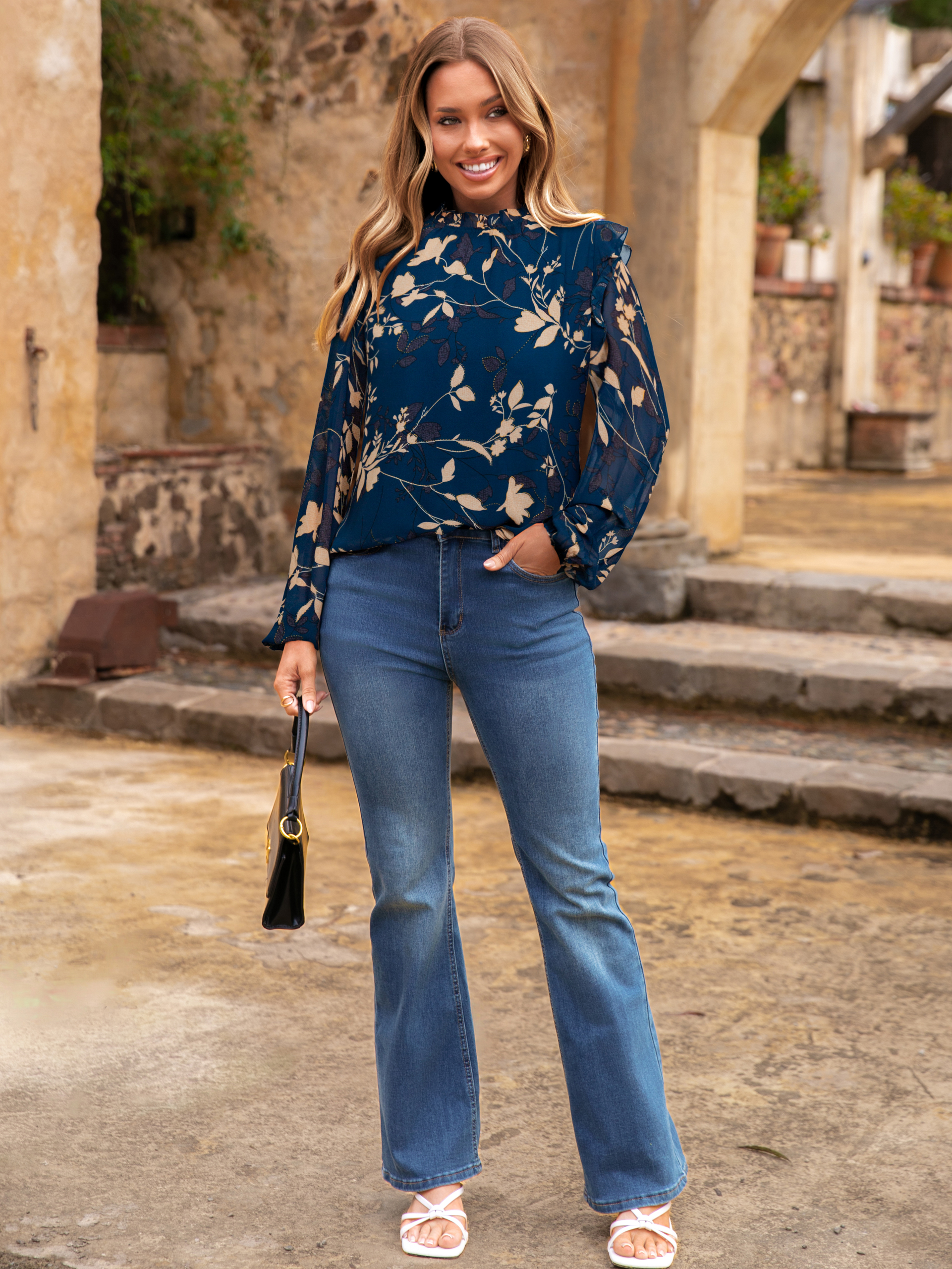 Boho Floral Ruffle Long Sleeve Blouse - Leaf Navy