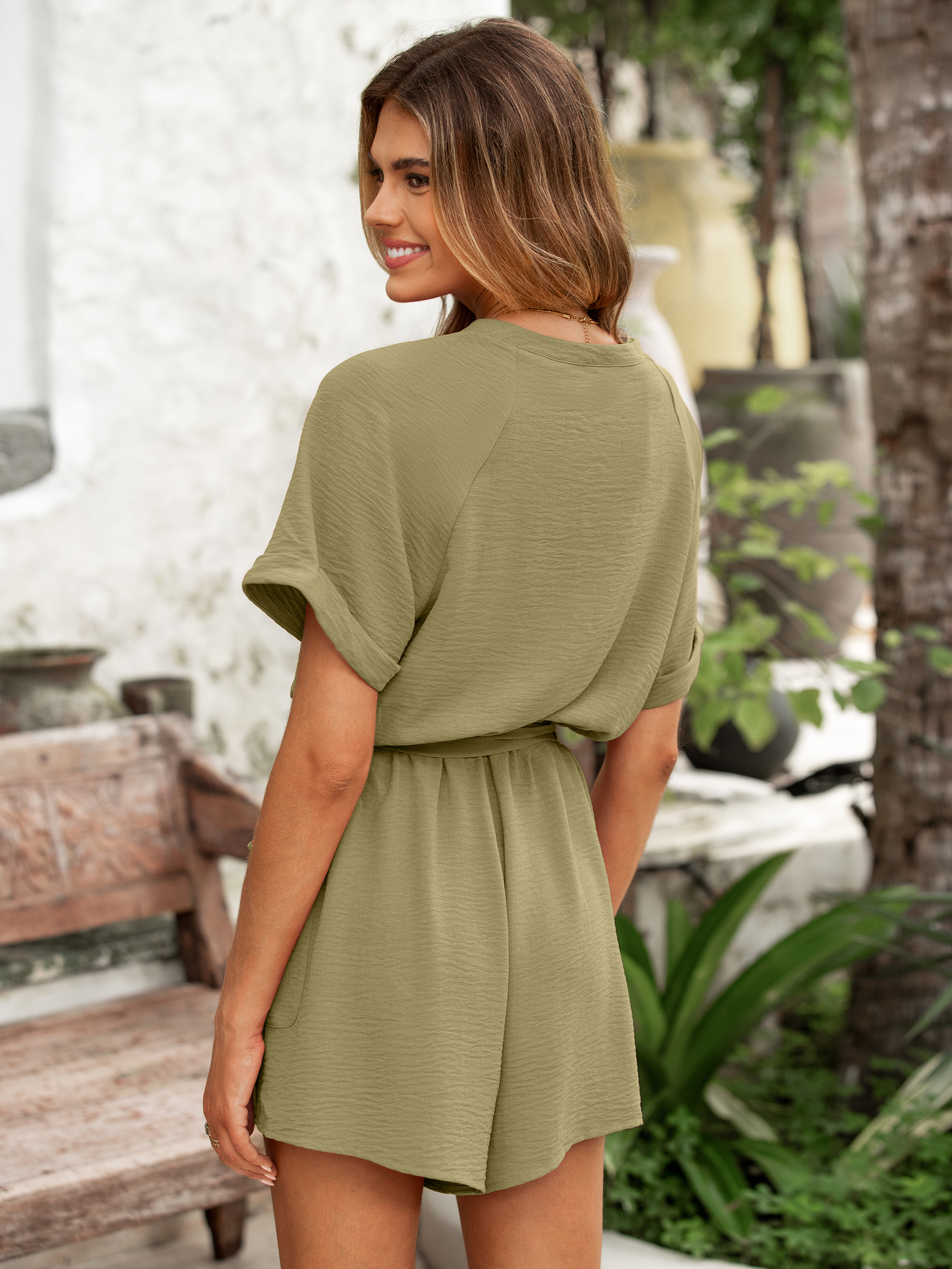 V Neck Short Sleeve Tie Waist Romper