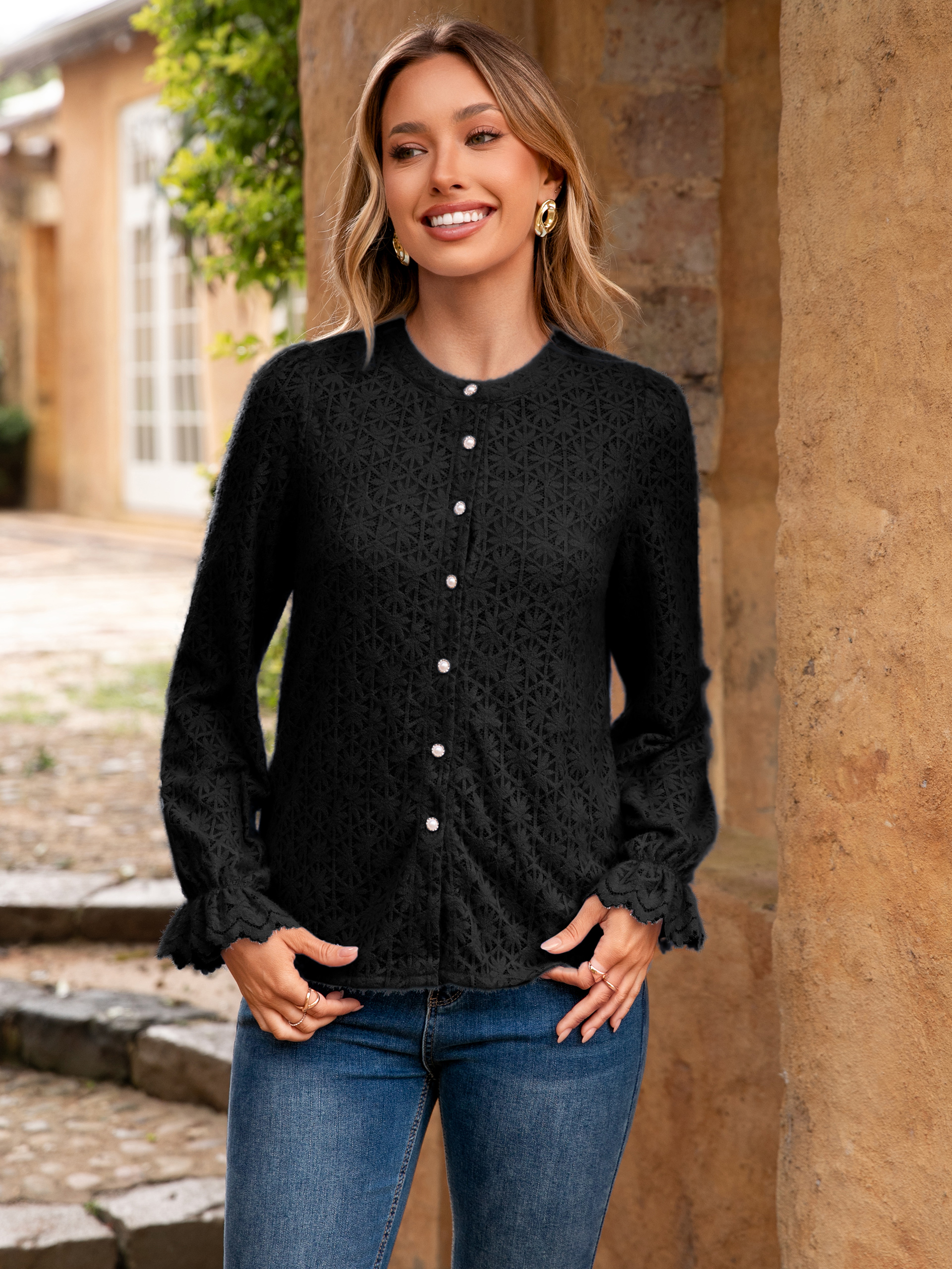 Lace Hollow Out Button Down Dressy Blouses - Black
