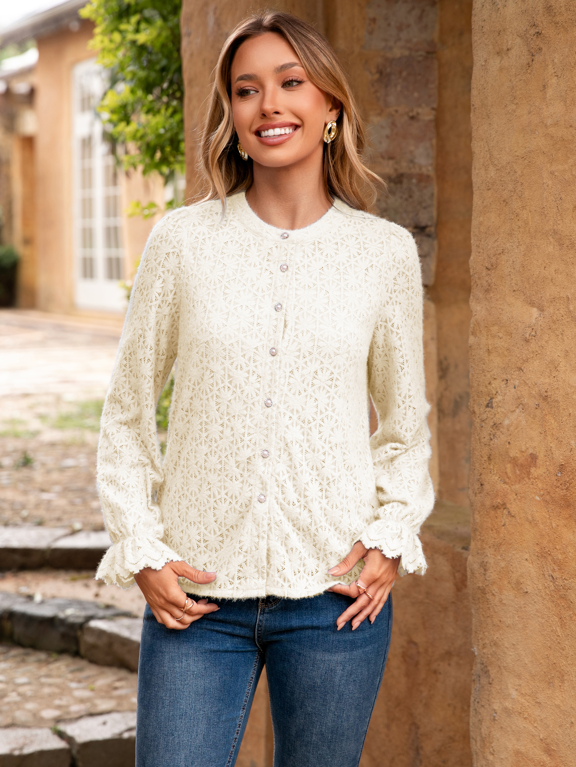 Lace Hollow Out Button Down Dressy Blouses - Apricot