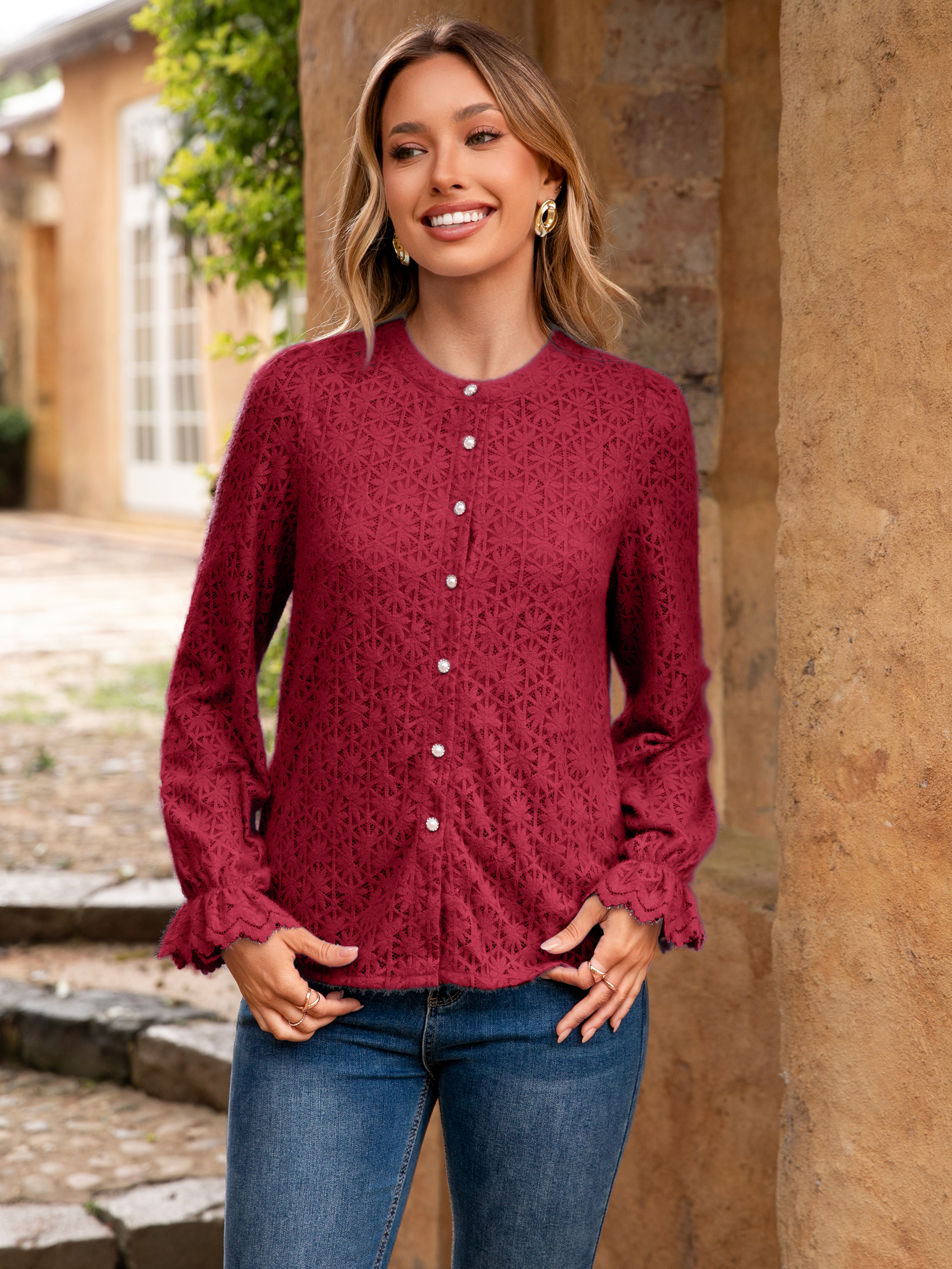 Lace Hollow Out Button Down Dressy Blouses - Burgundy