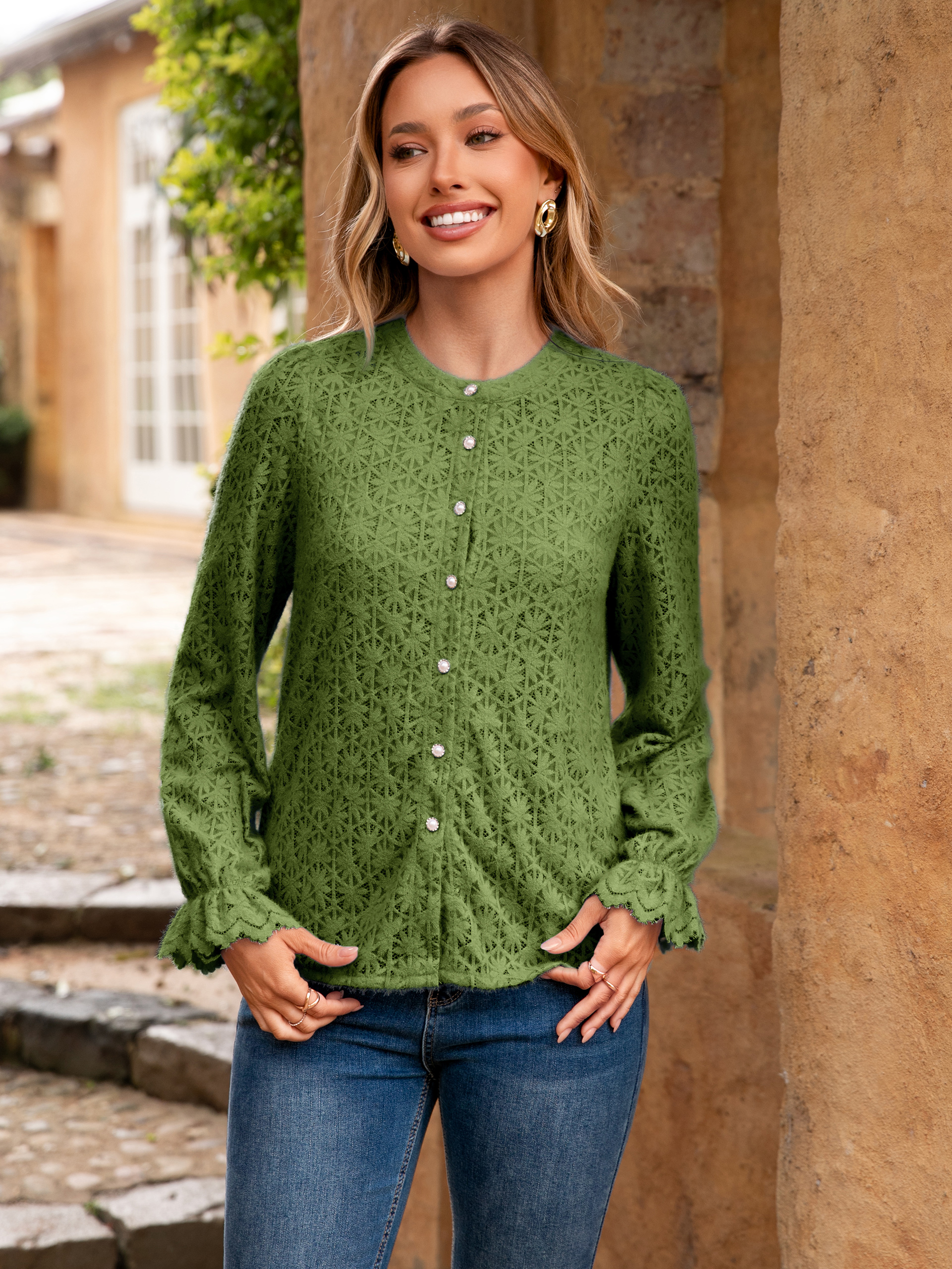 Lace Hollow Out Button Down Dressy Blouses - Army Green