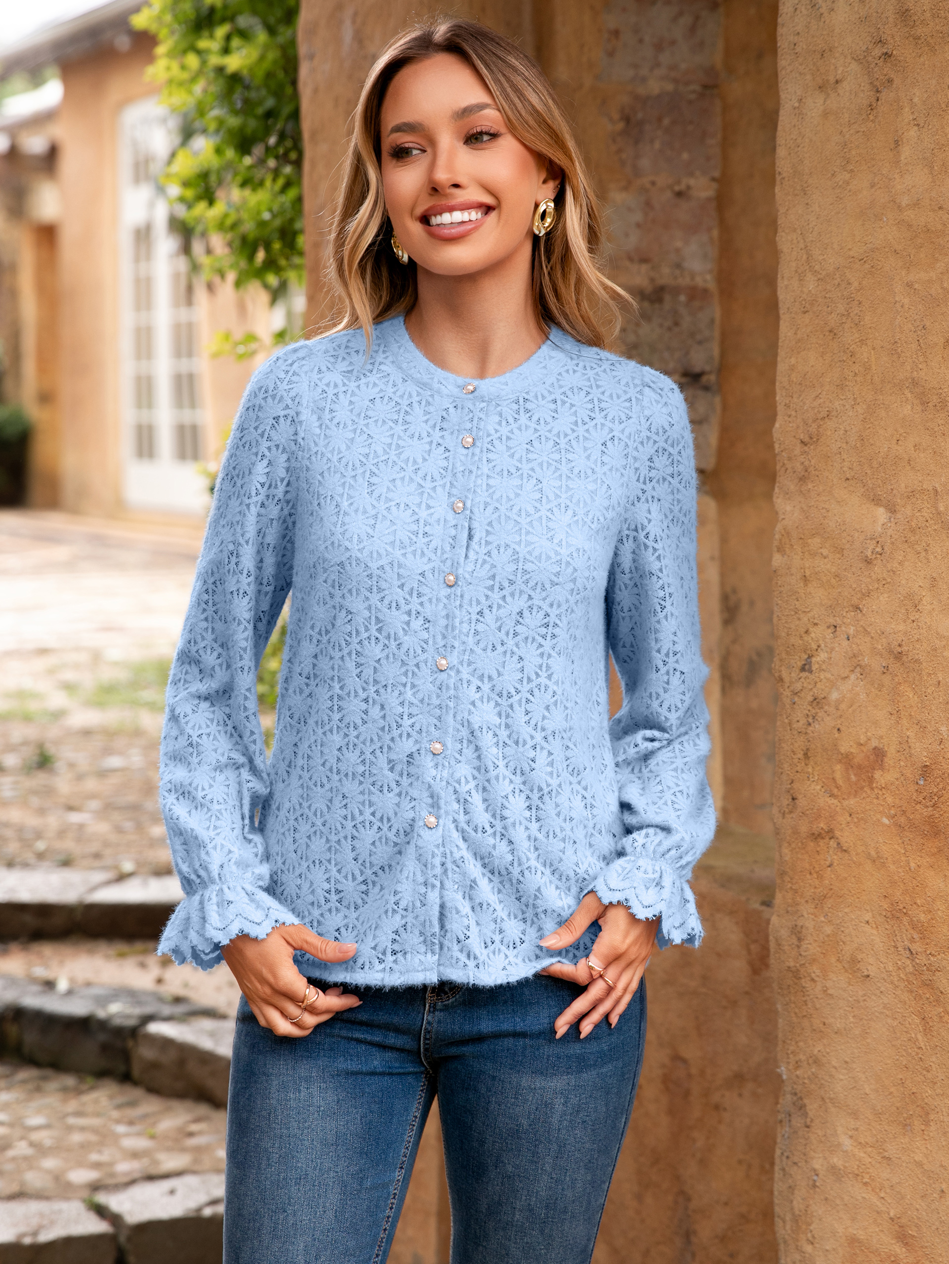 Lace Hollow Out Button Down Dressy Blouses - Light Blue