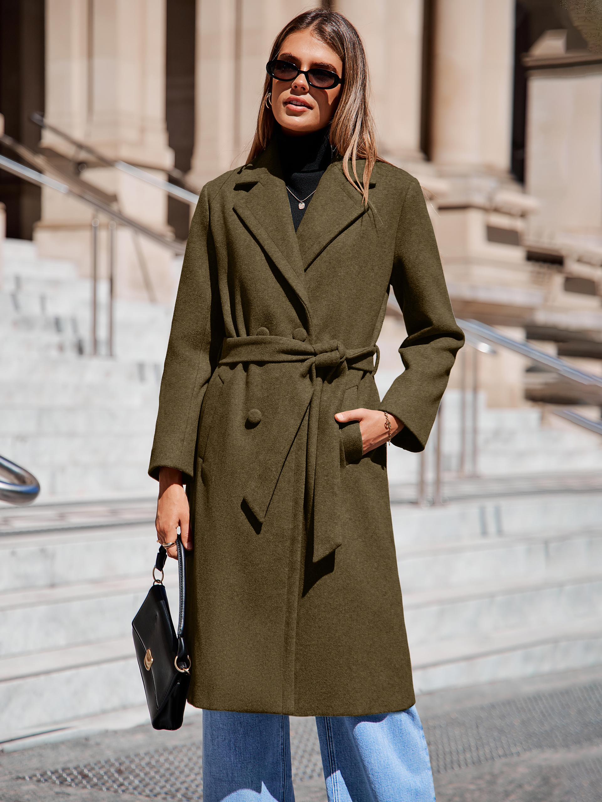 Longline Wool Blend Trench Coat with Belt - Army Green