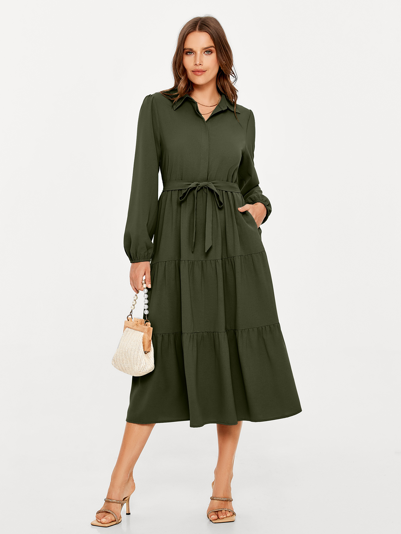 Button Up Lantern Sleeve Flowy Maxi Dress - Army Green