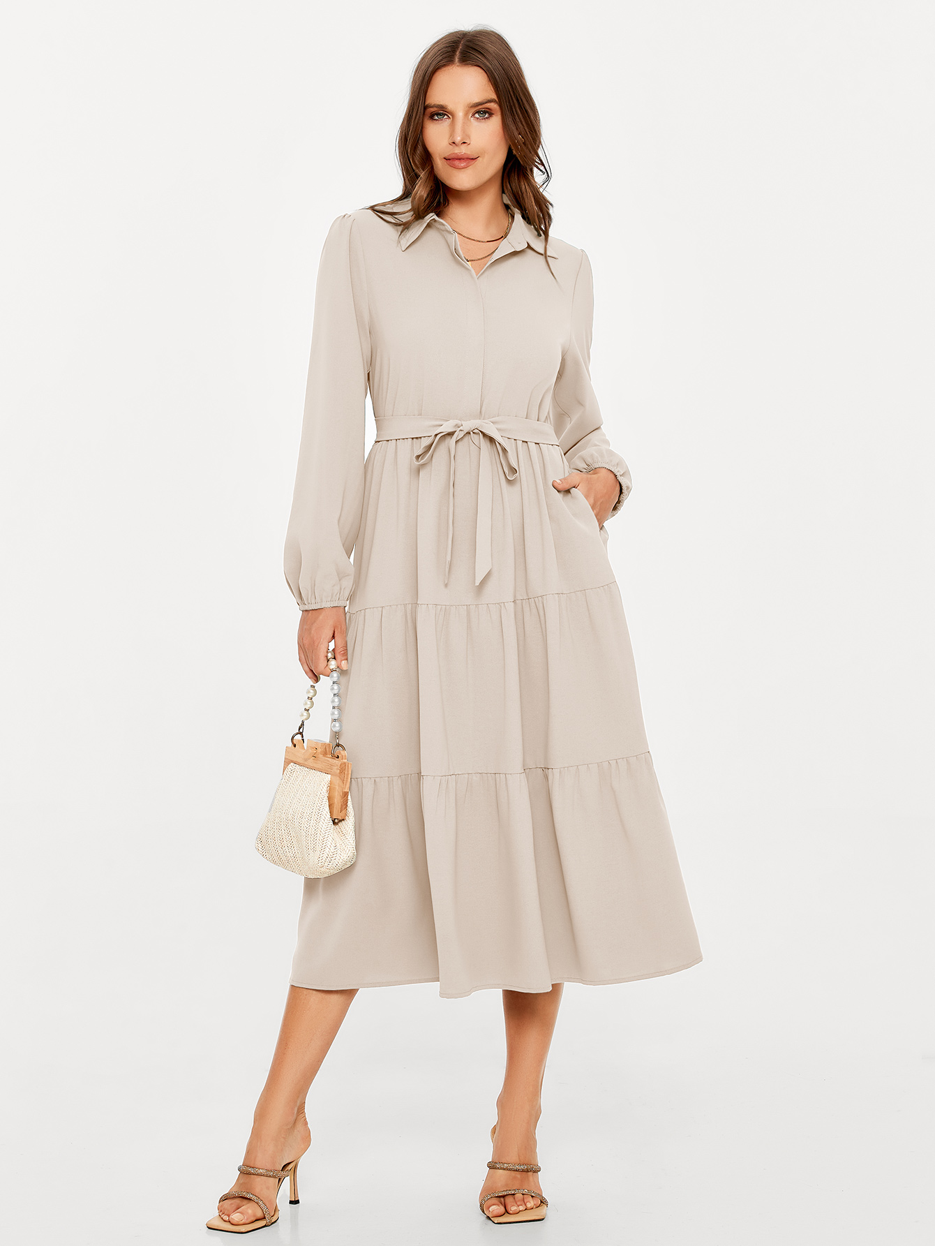 Button Up Lantern Sleeve Flowy Maxi Dress - Apricot