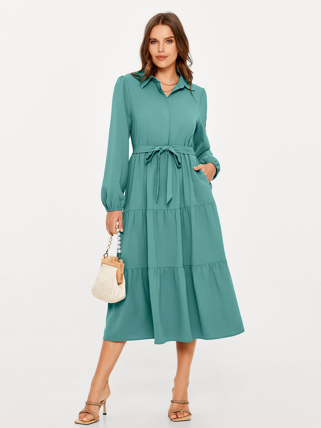Button Up Lantern Sleeve Flowy Maxi Dress - Lake Blue