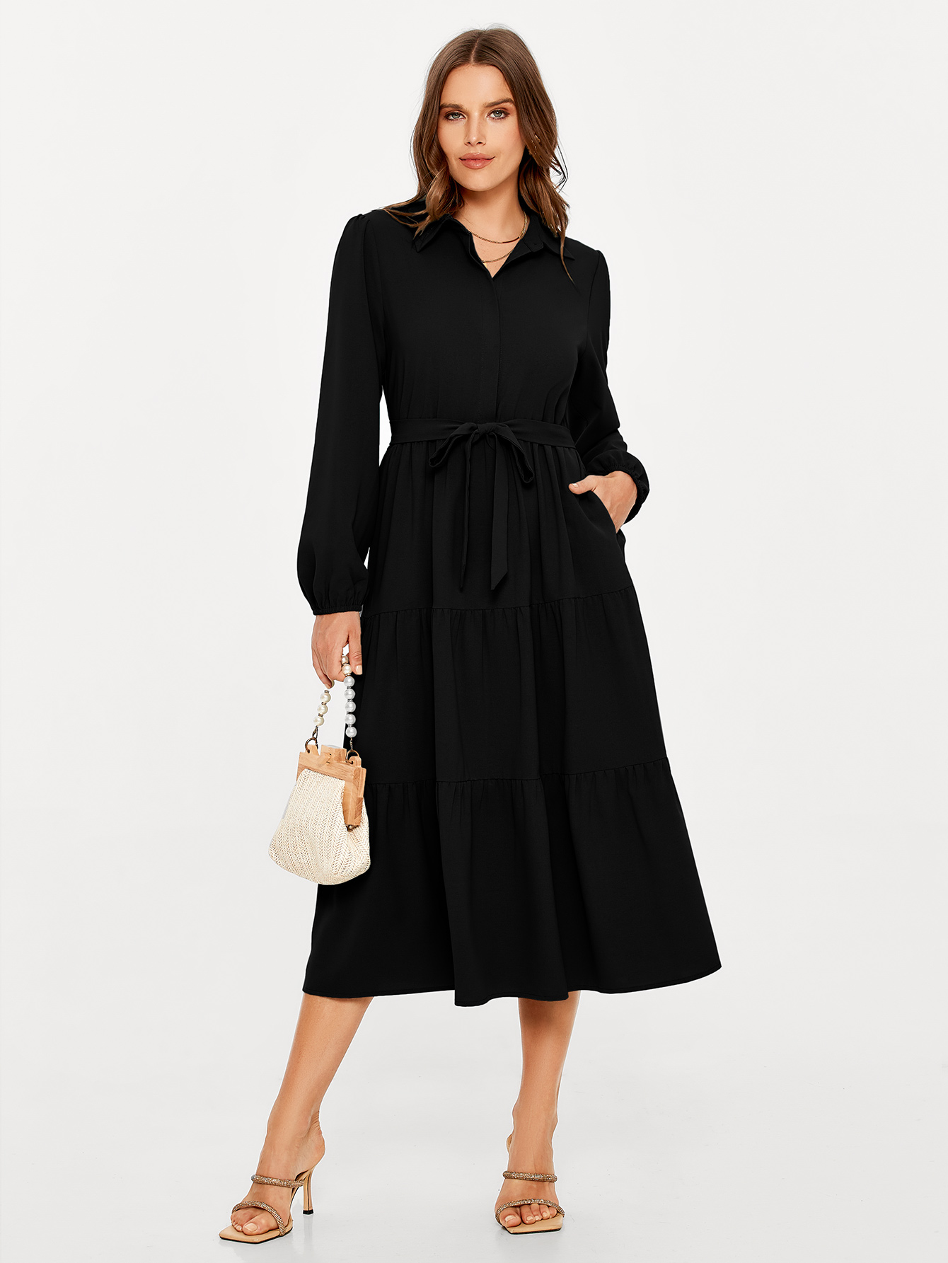 Button Up Lantern Sleeve Flowy Maxi Dress - Black