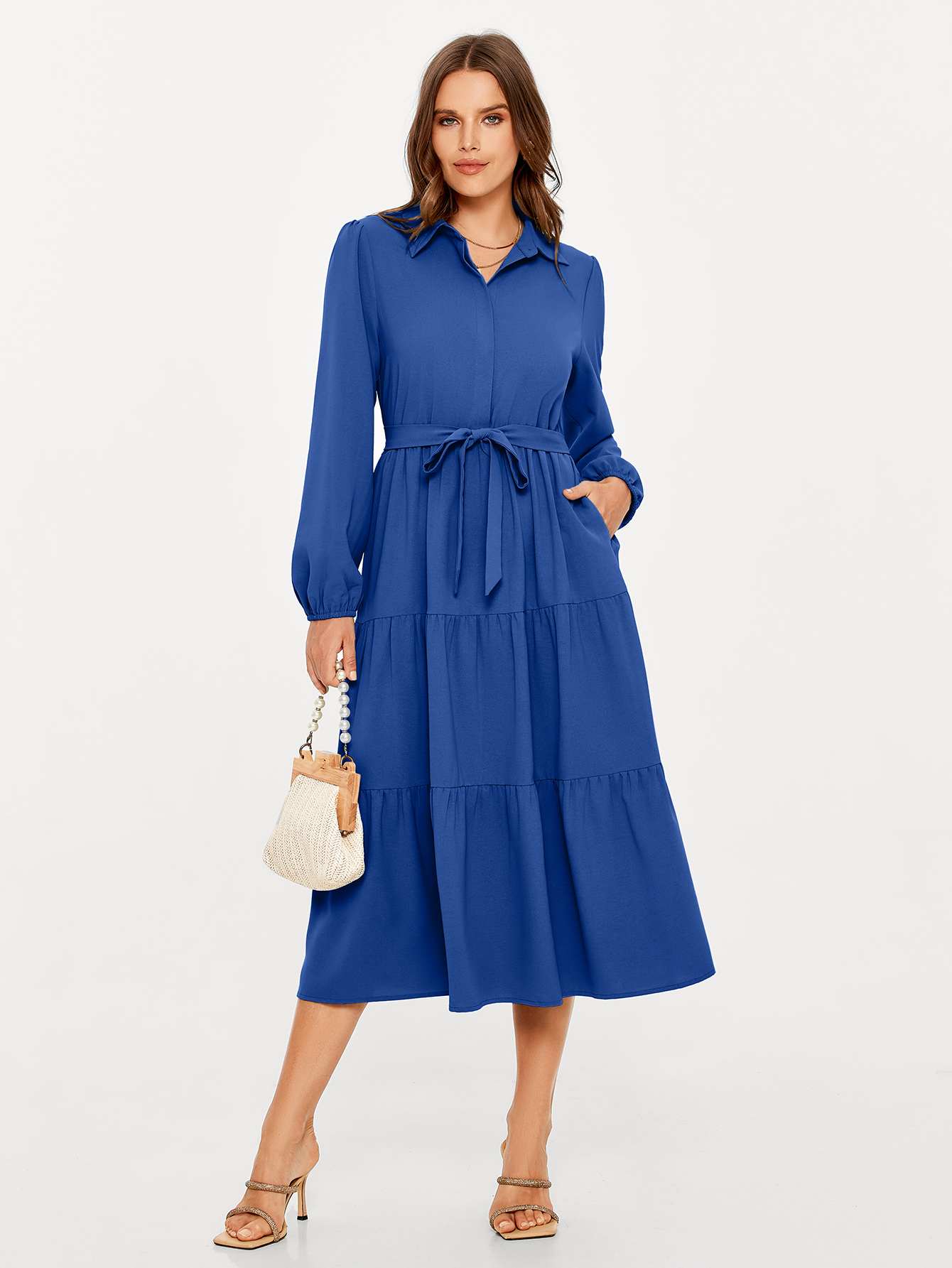 Button Up Lantern Sleeve Flowy Maxi Dress - Royal Blue