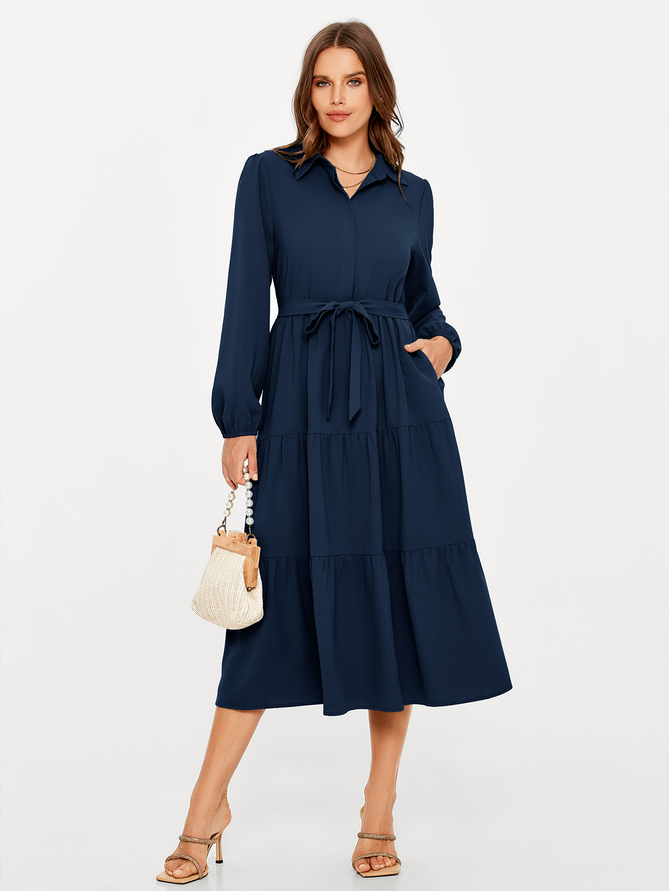 Button Up Lantern Sleeve Flowy Maxi Dress - Navy Blue