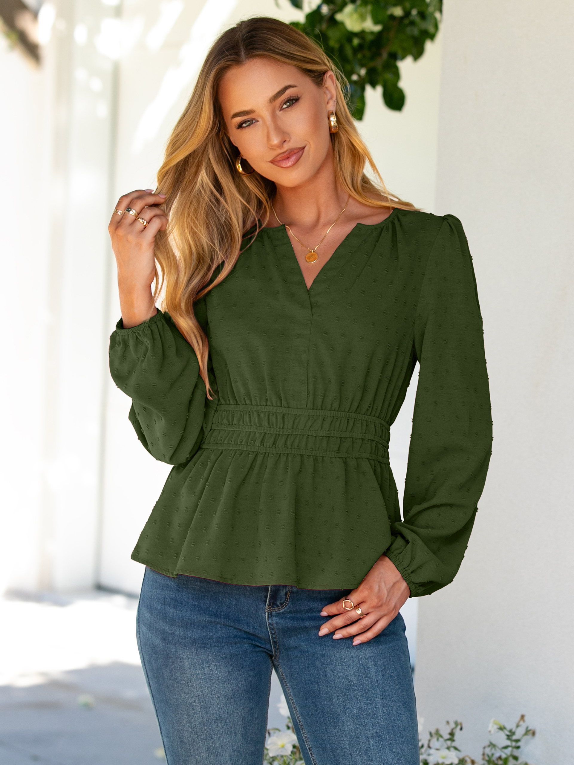 Swiss Dot V Neck Long Sleeve Peplum Blouse